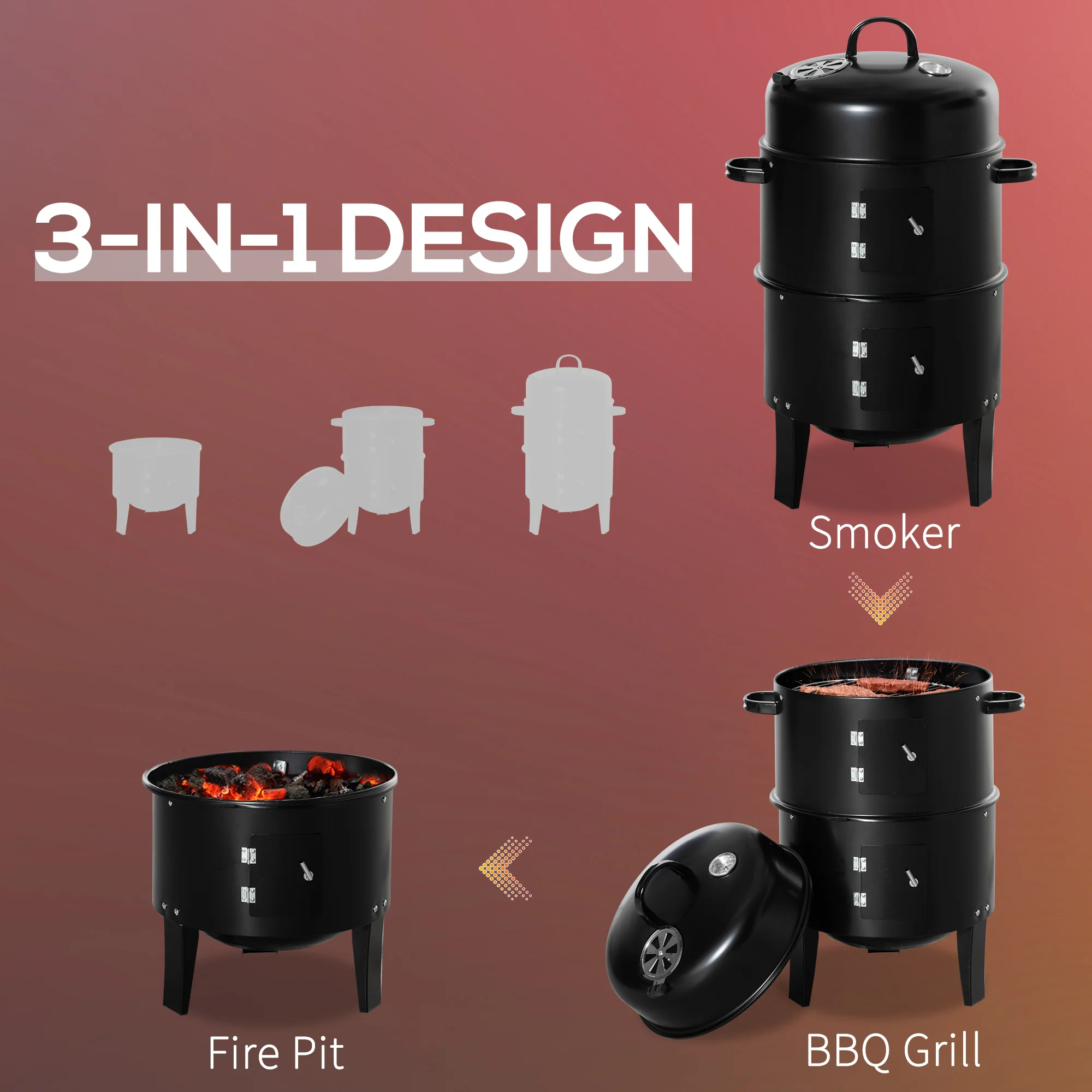 3-in-1 16" Vertical  Round Charcoal Barbecue Grill for Outdoor Camping Picnic, Black - Image 6