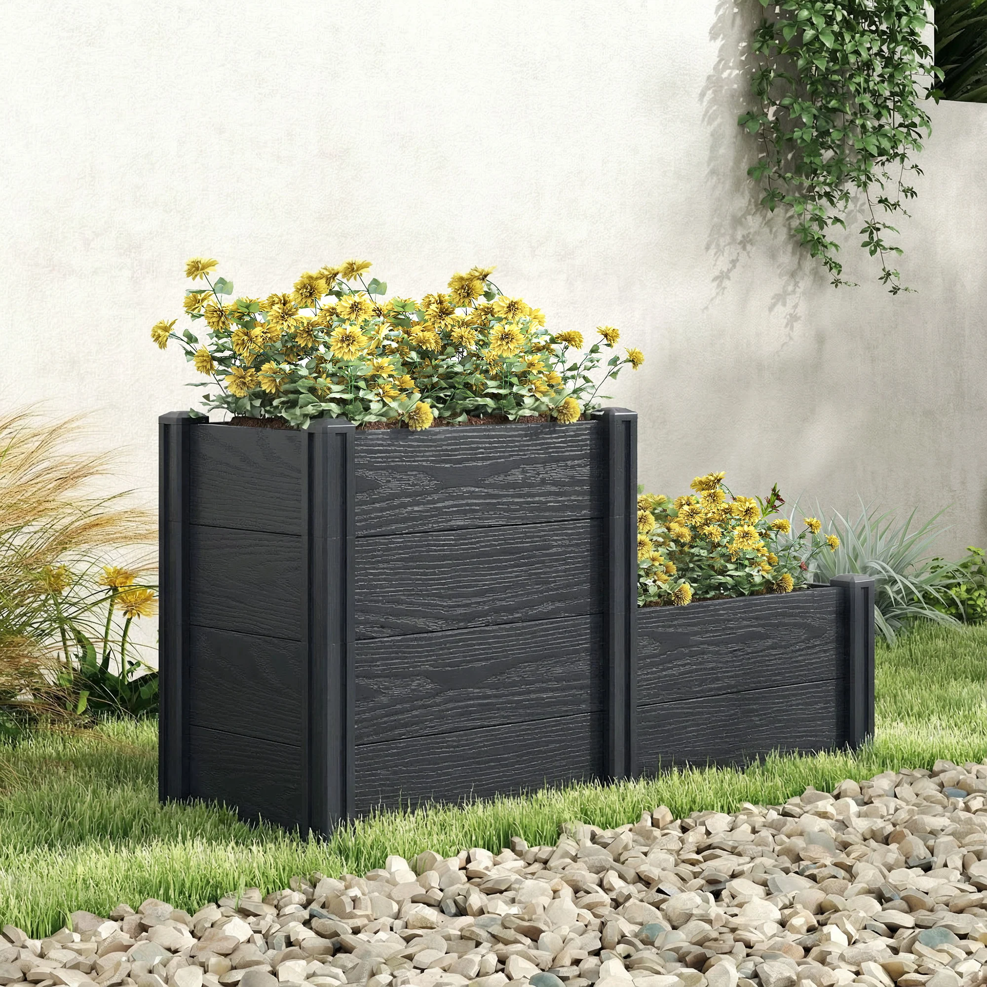 3-Tier Vinyl Raised Garden Bed with Open Bottom, Grey Wood Effect - Image 10