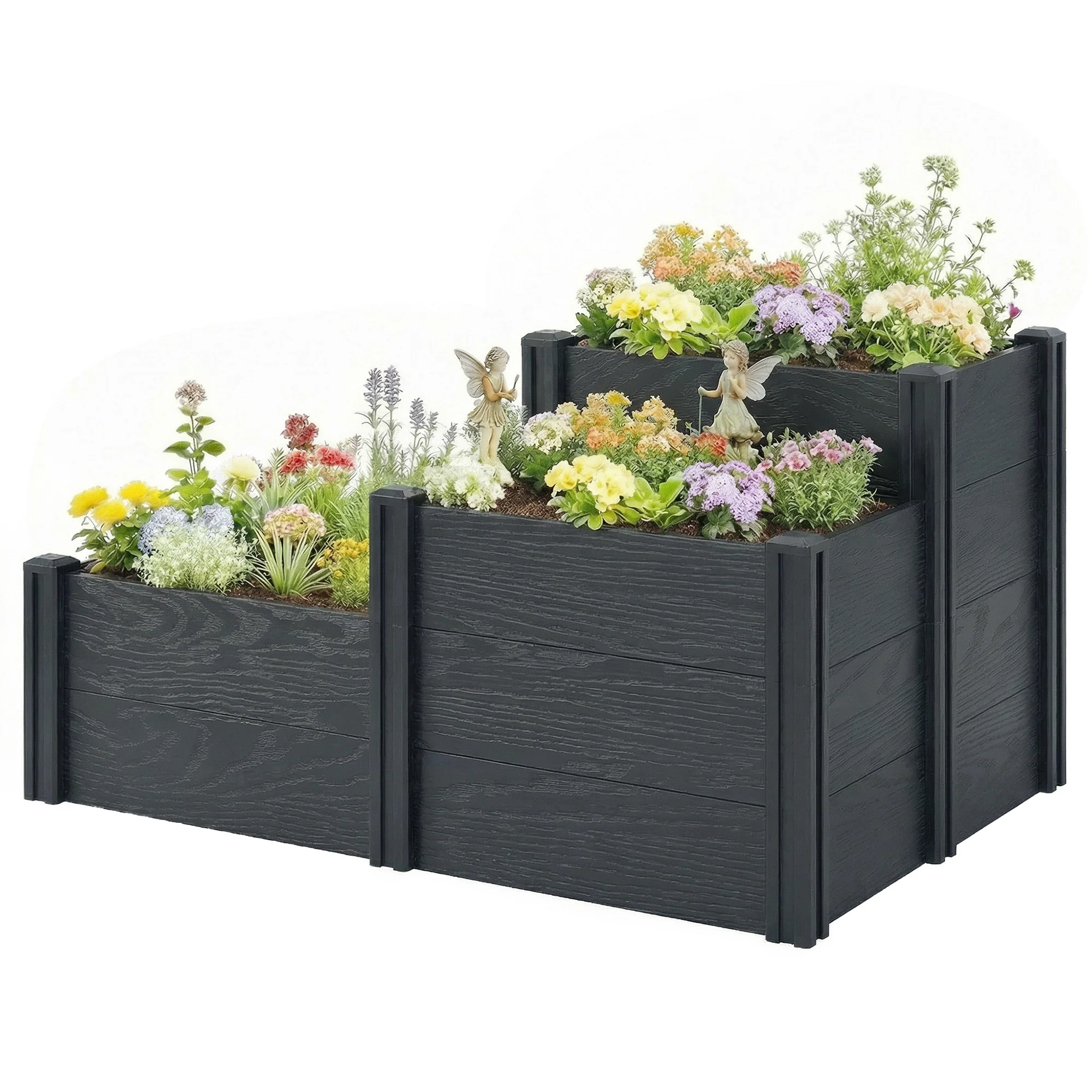 3-Tier Vinyl Raised Garden Bed with Open Bottom, Grey Wood Effect - Image 2