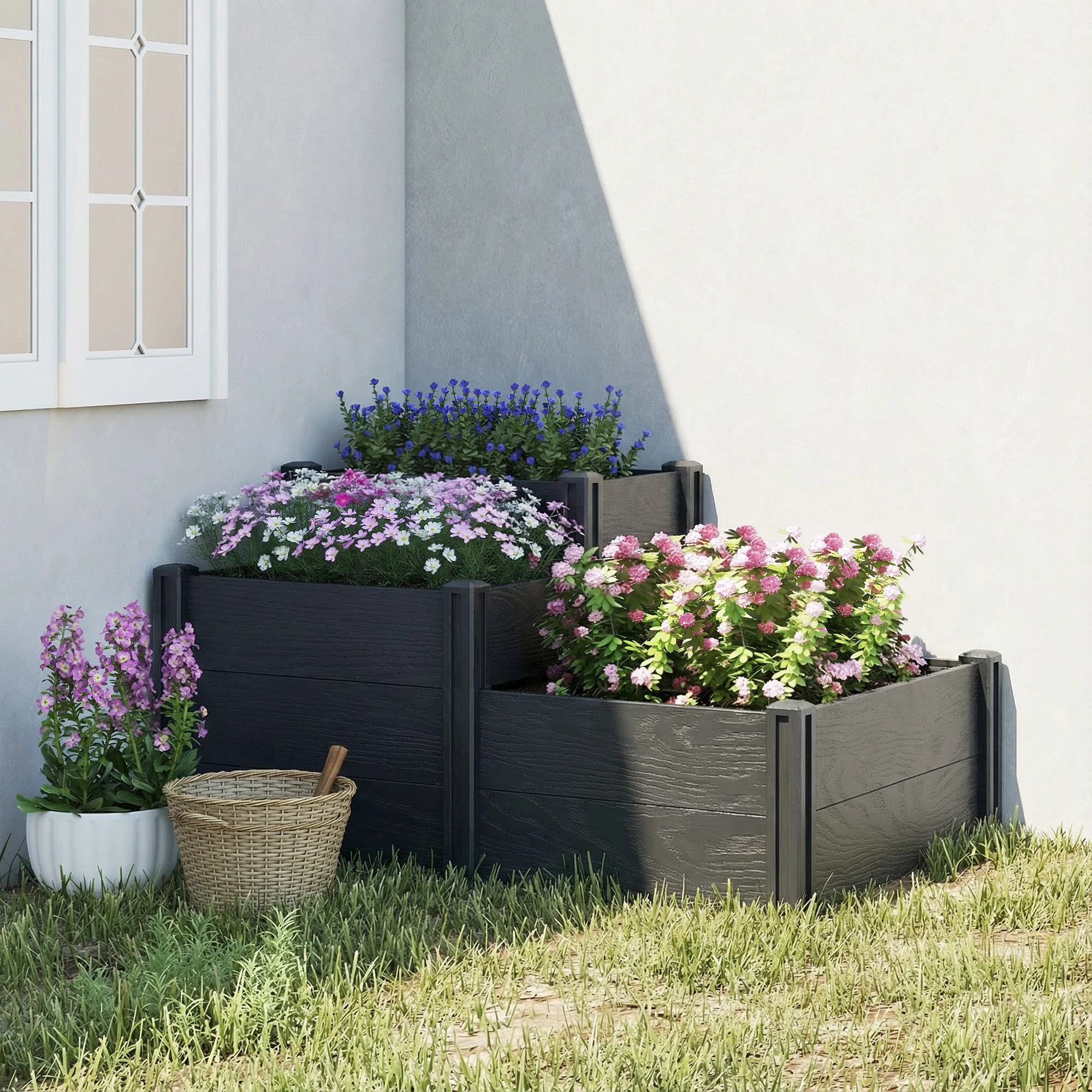 3-Tier Vinyl Raised Garden Bed with Open Bottom, Grey Wood Effect - Image 4