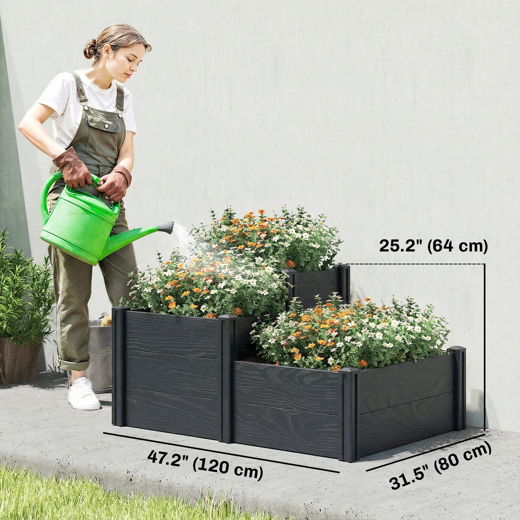 3-Tier Vinyl Raised Garden Bed with Open Bottom, Grey Wood Effect - Image 5