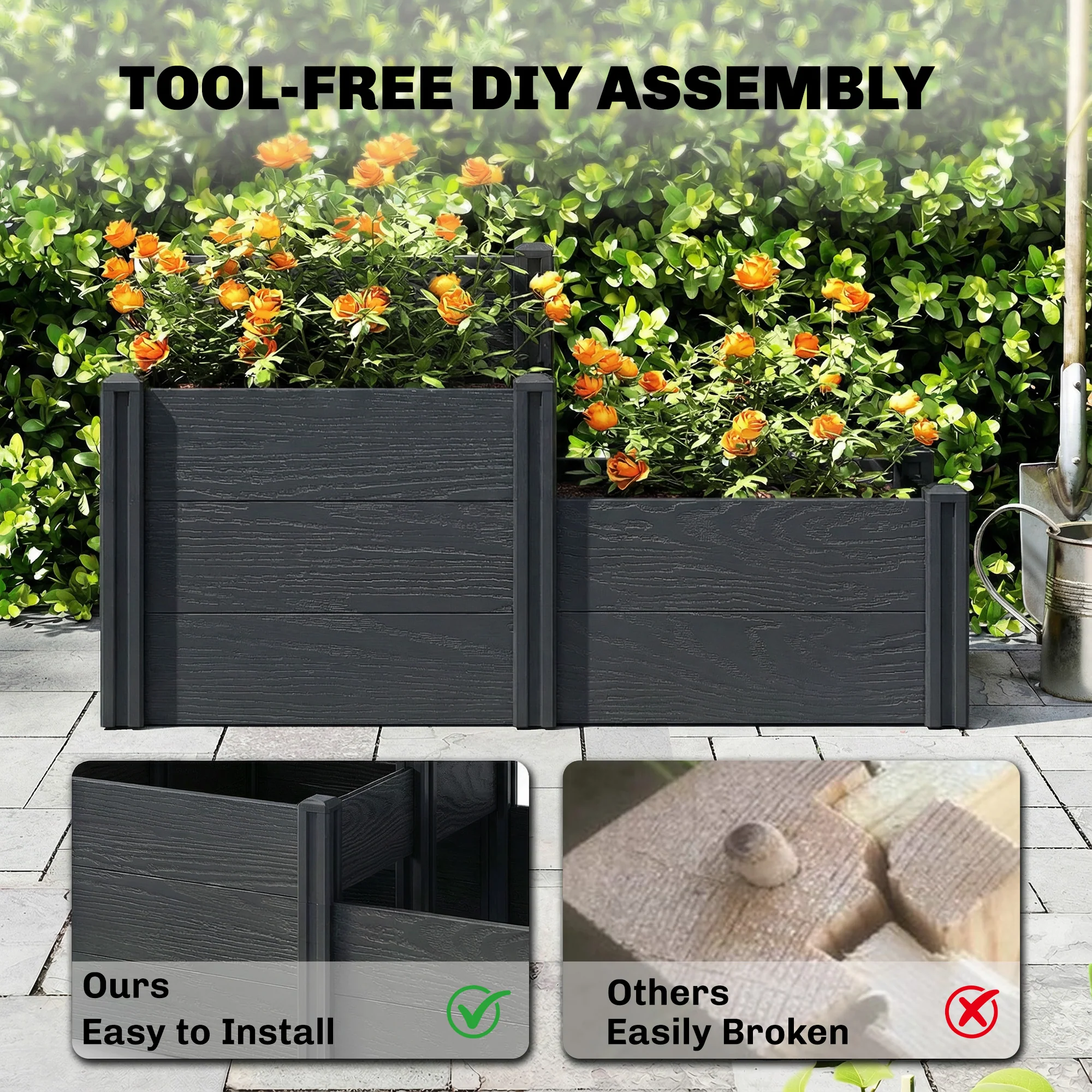 3-Tier Vinyl Raised Garden Bed with Open Bottom, Grey Wood Effect - Image 6
