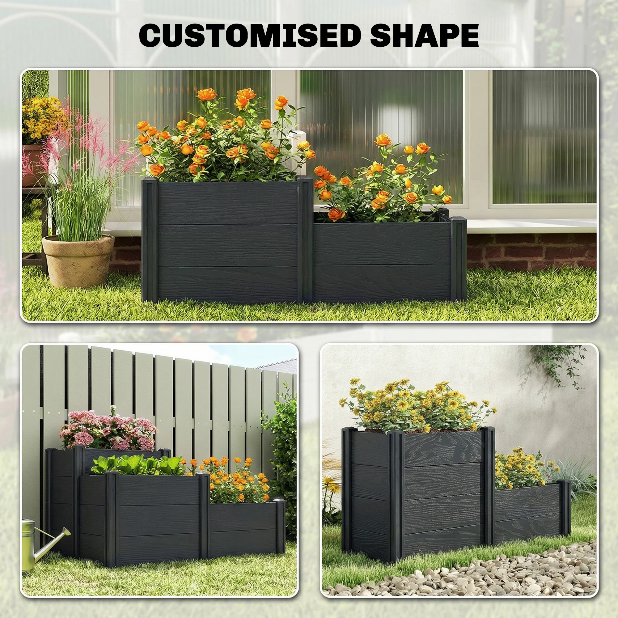 3-Tier Vinyl Raised Garden Bed with Open Bottom, Grey Wood Effect - Image 7