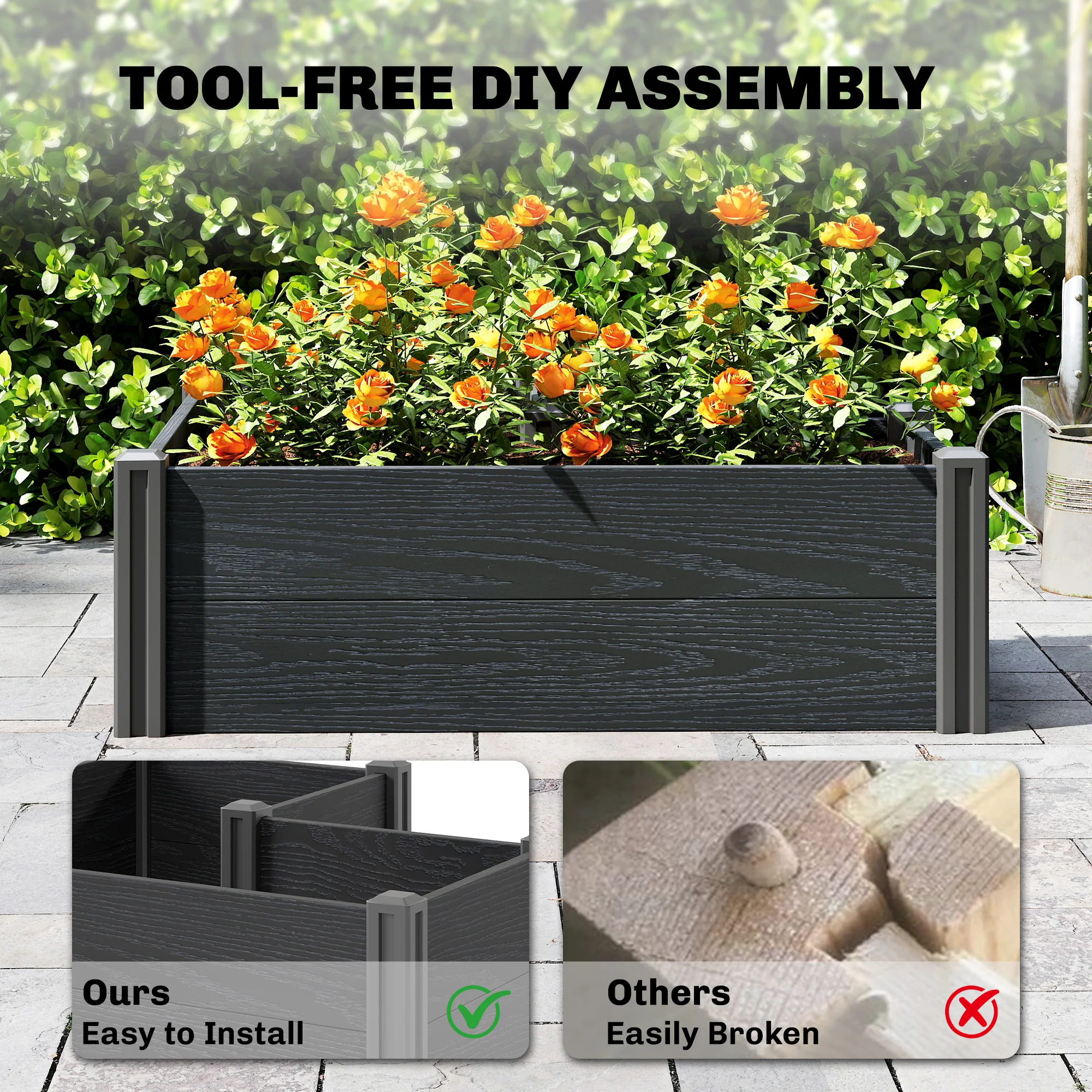 3 x 3 x 1ft Vinyl Raised Garden Bed with Open Bottom, Grey Wood Effect - Image 6