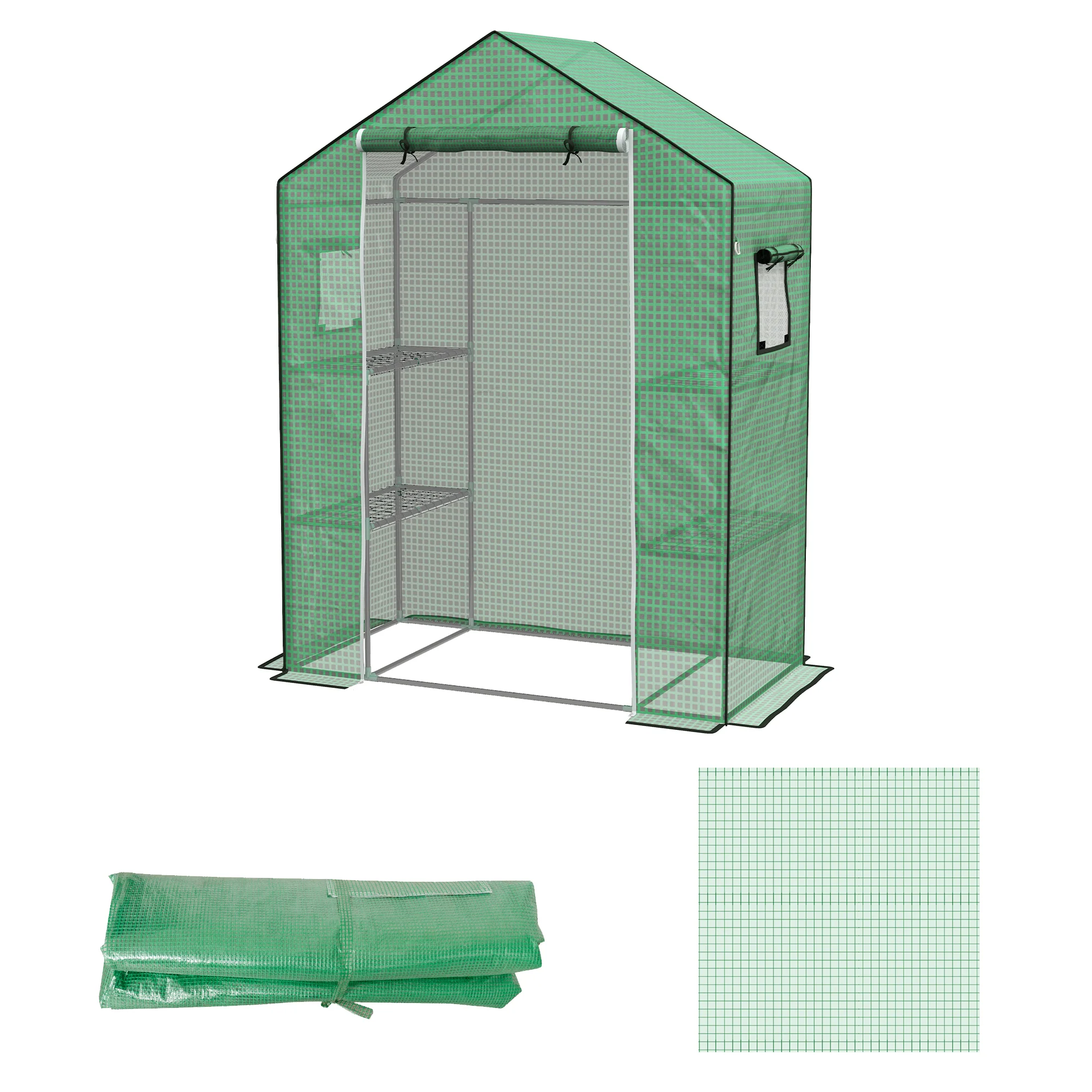 Greenhouse Cover Replacement with Roll-up Door & Mesh Windows, 140x73x190 cm, Green - Image 2