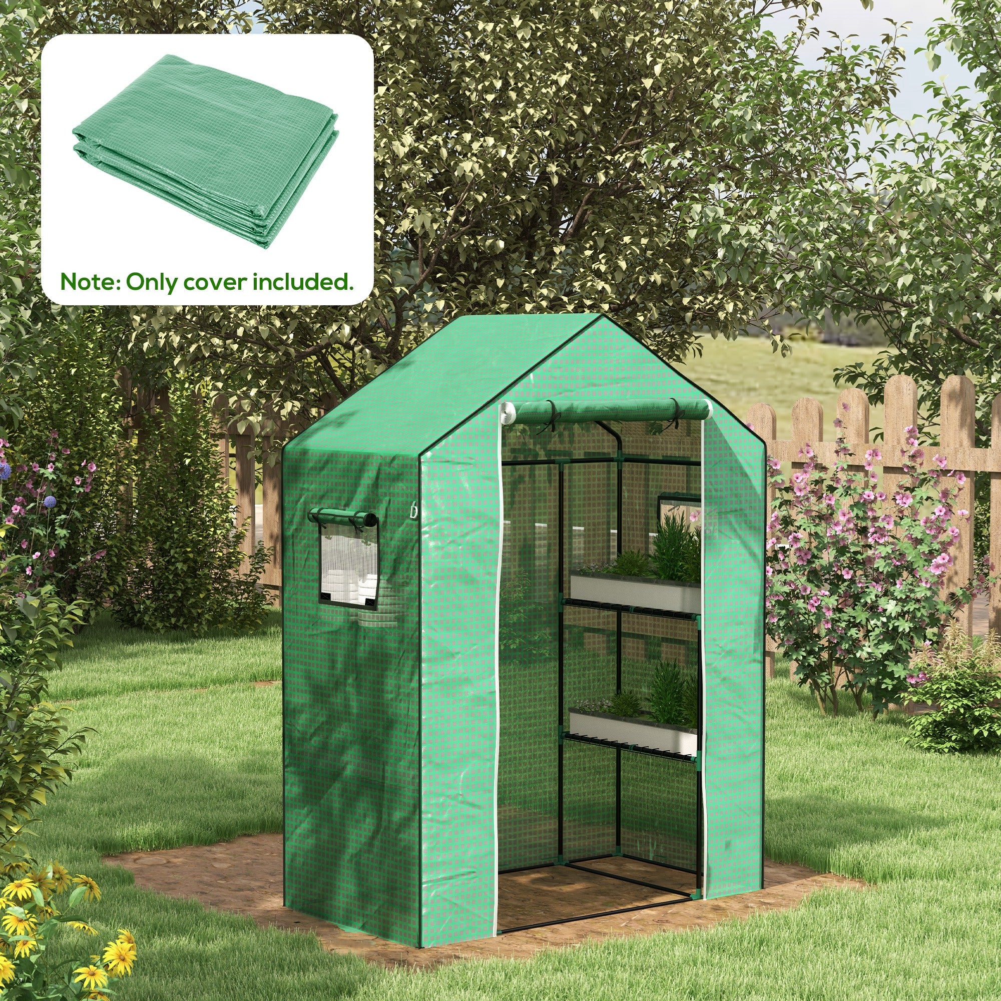 Greenhouse Cover Replacement with Roll-up Door & Mesh Windows, 140x73x190 cm, Green - Image 3