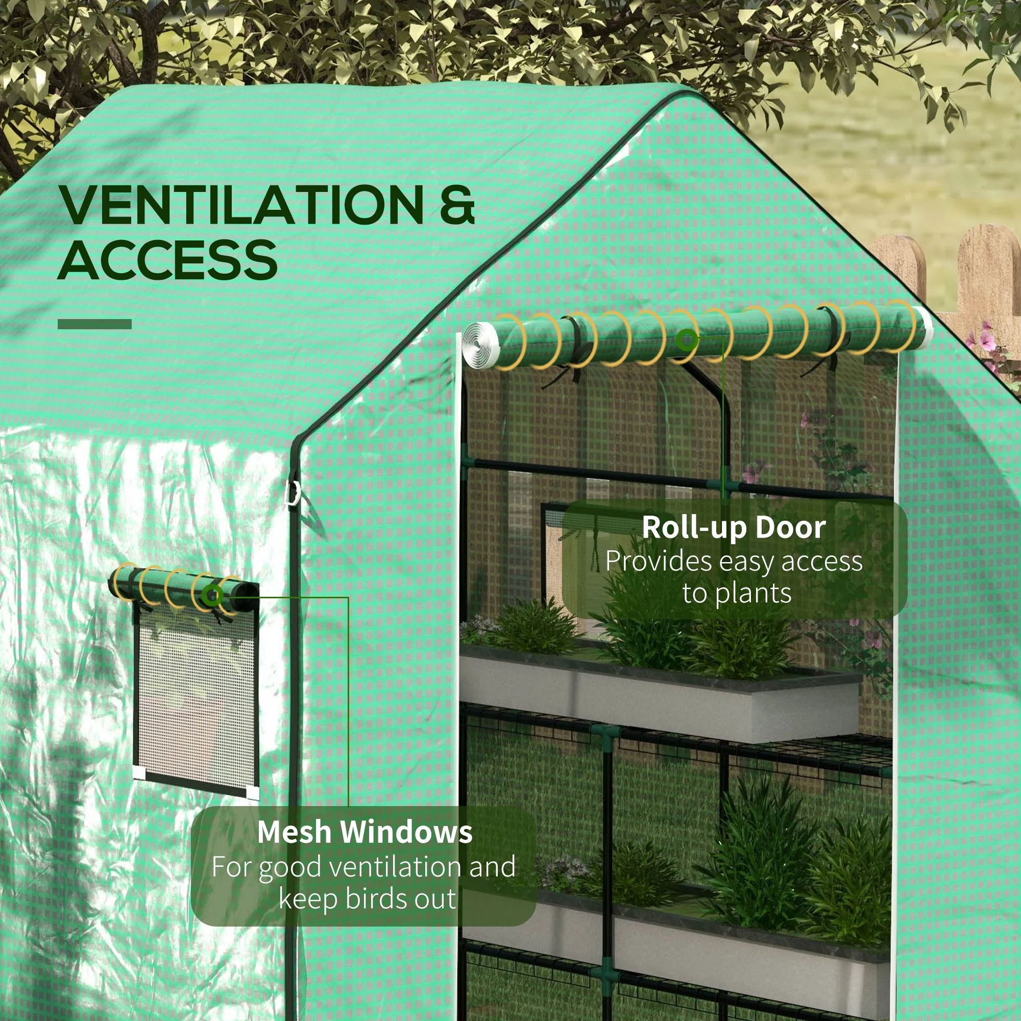 Greenhouse Cover Replacement with Roll-up Door & Mesh Windows, 140x143x190 cm, Green - Image 8