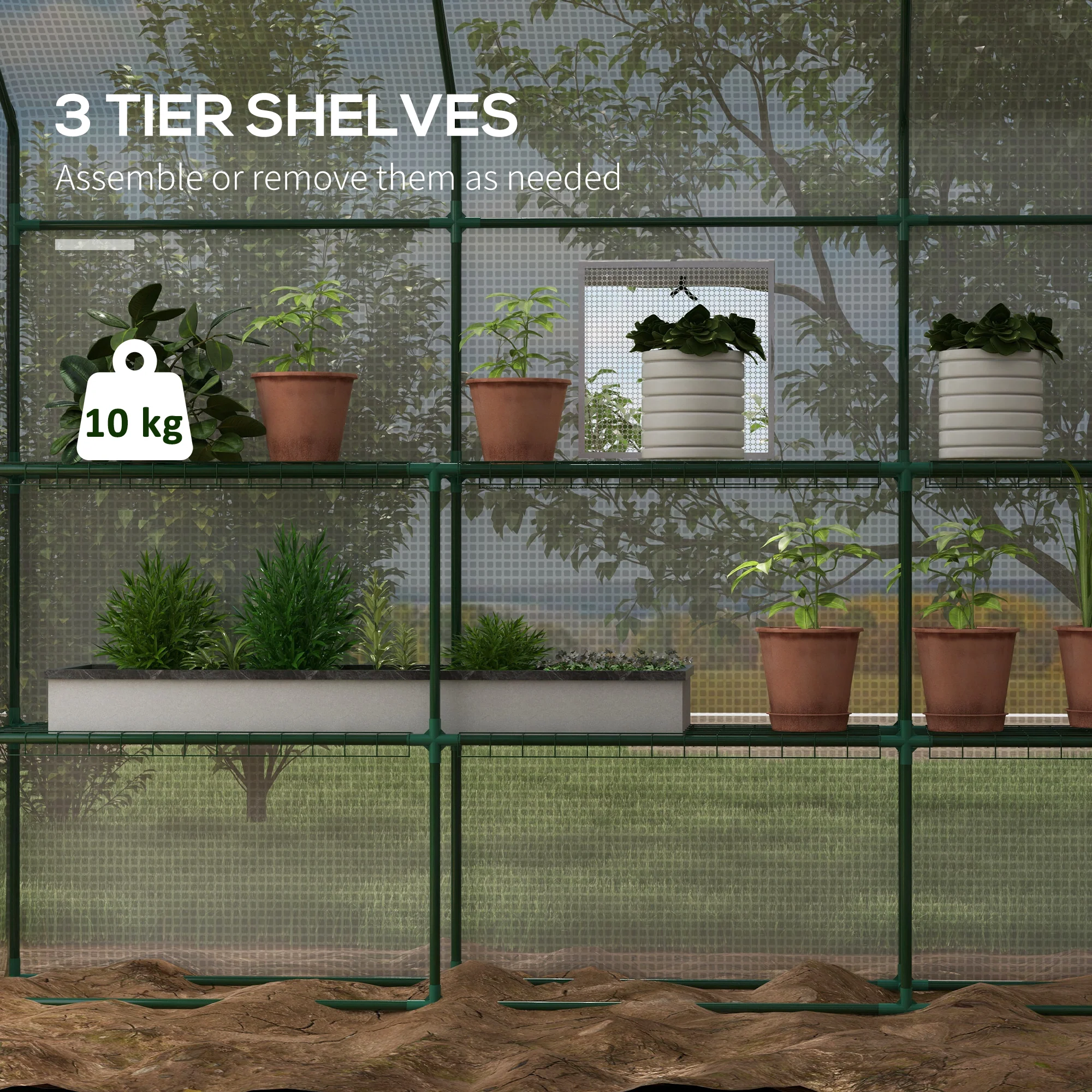 Walk-in Greenhouse with 3 Tier 12 Shelves, Roll-up Door & Mesh Windows, 140x213x190 cm, White - Image 6