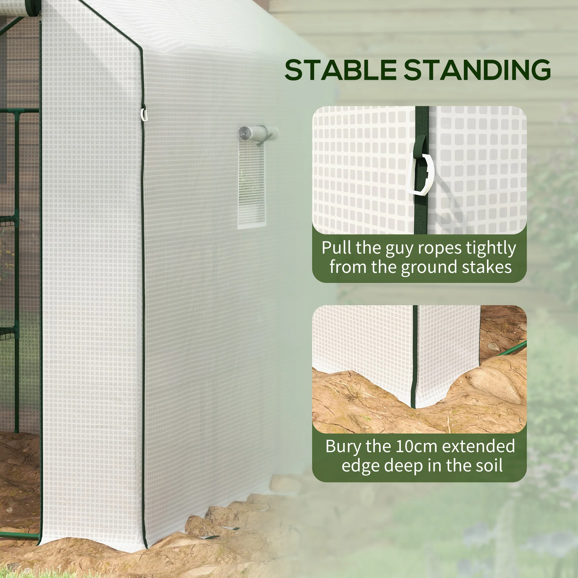 Walk-in Greenhouse with 3 Tier 12 Shelves, Roll-up Door & Mesh Windows, 140x213x190 cm, White - Image 9