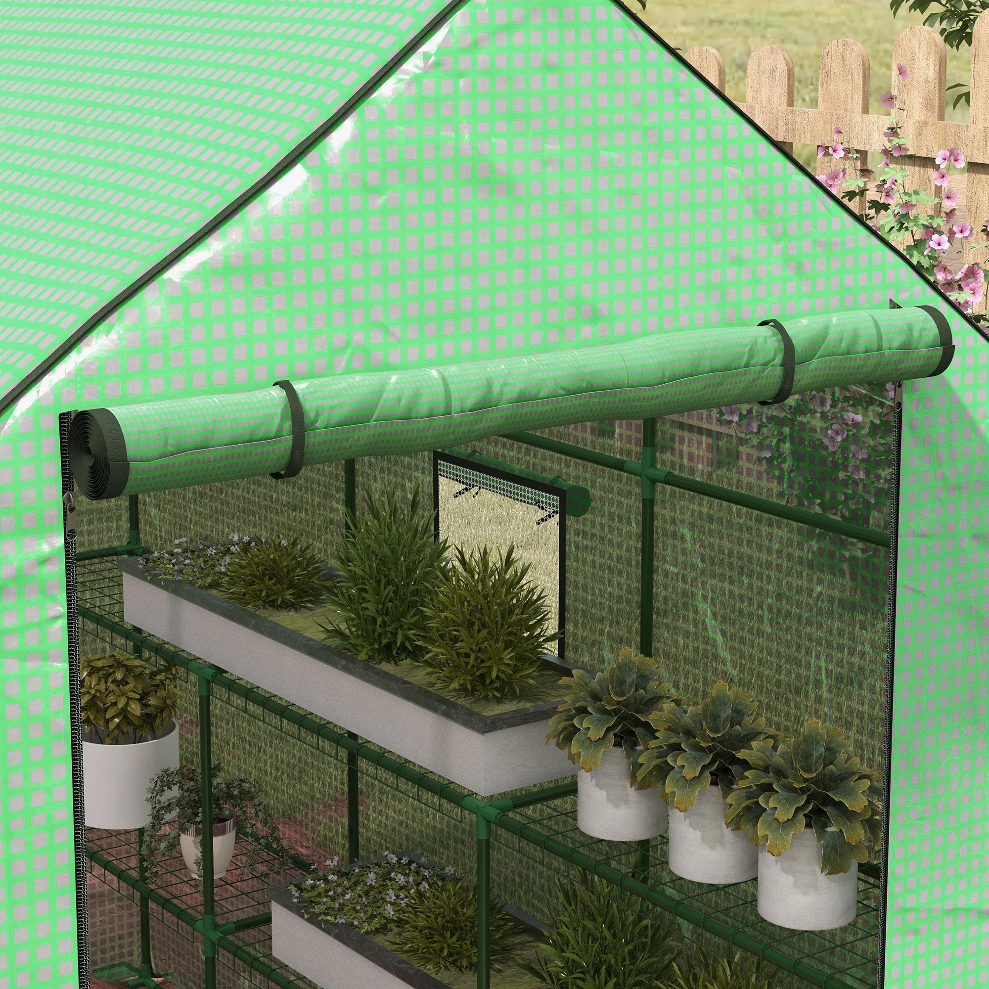 Walk-in Greenhouse with 3 Tier 12 Shelves, Roll-up Door & Mesh Windows, 140x213x190 cm, Green - Image 10