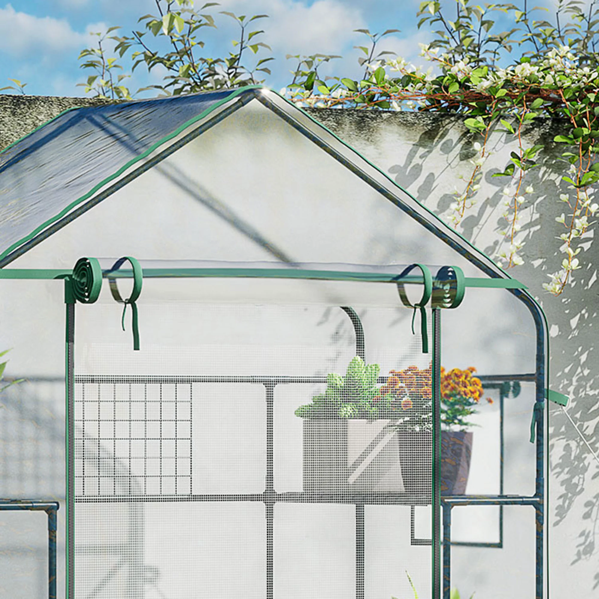 56" x 29" x 77" Walk-in Greenhouse with 4 Shelves & Roll-Up Door, Clear - Image 10