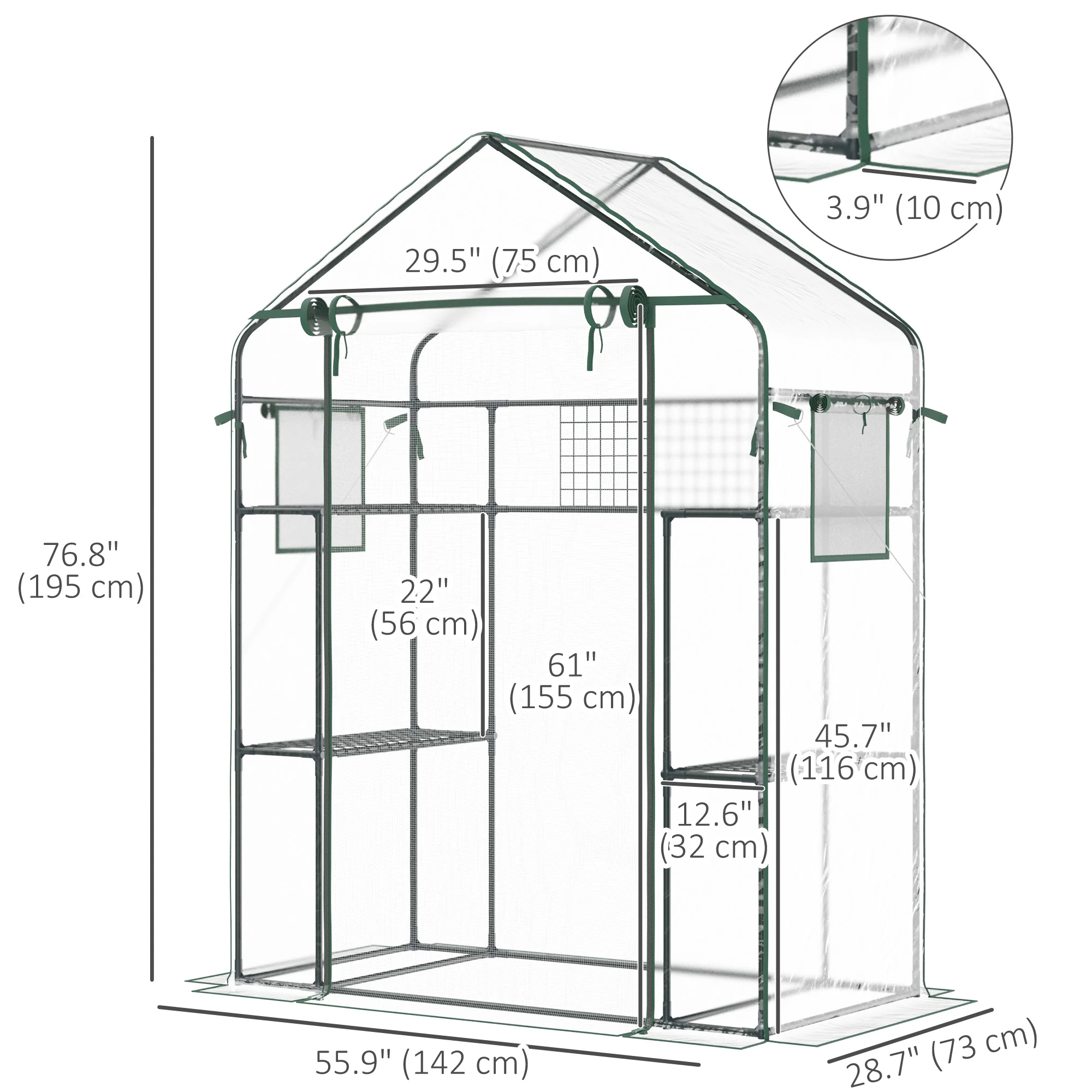 56" x 29" x 77" Walk-in Greenhouse with 4 Shelves & Roll-Up Door, Clear - Image 5