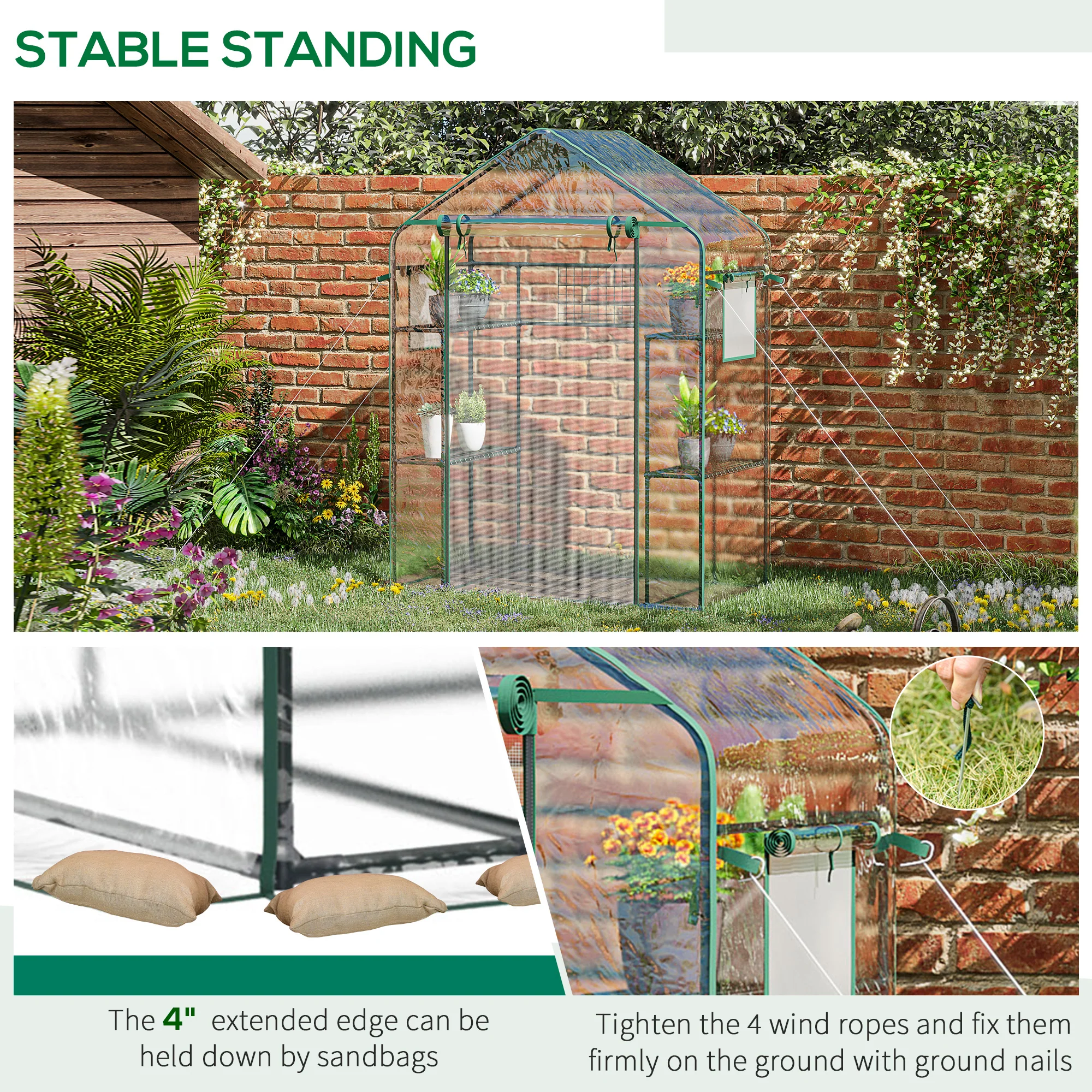 56" x 29" x 77" Walk-in Greenhouse with 4 Shelves & Roll-Up Door, Clear - Image 9