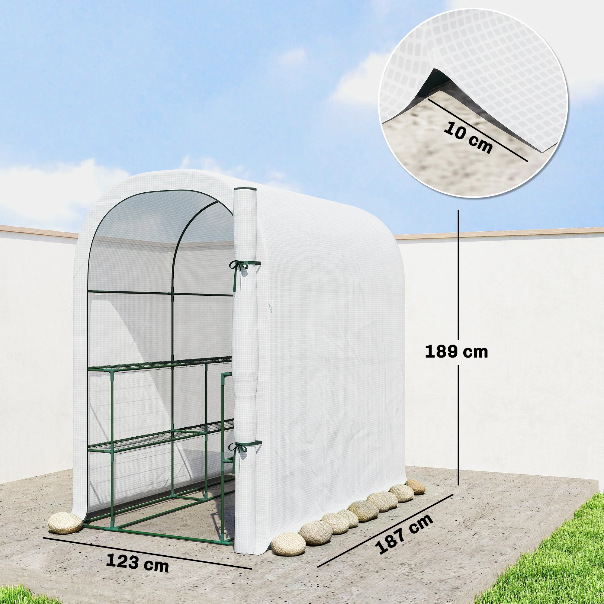 Walk-in Greenhouse with Shelves with PE Cover, 123 x 187 x 189 cm, White - Image 5