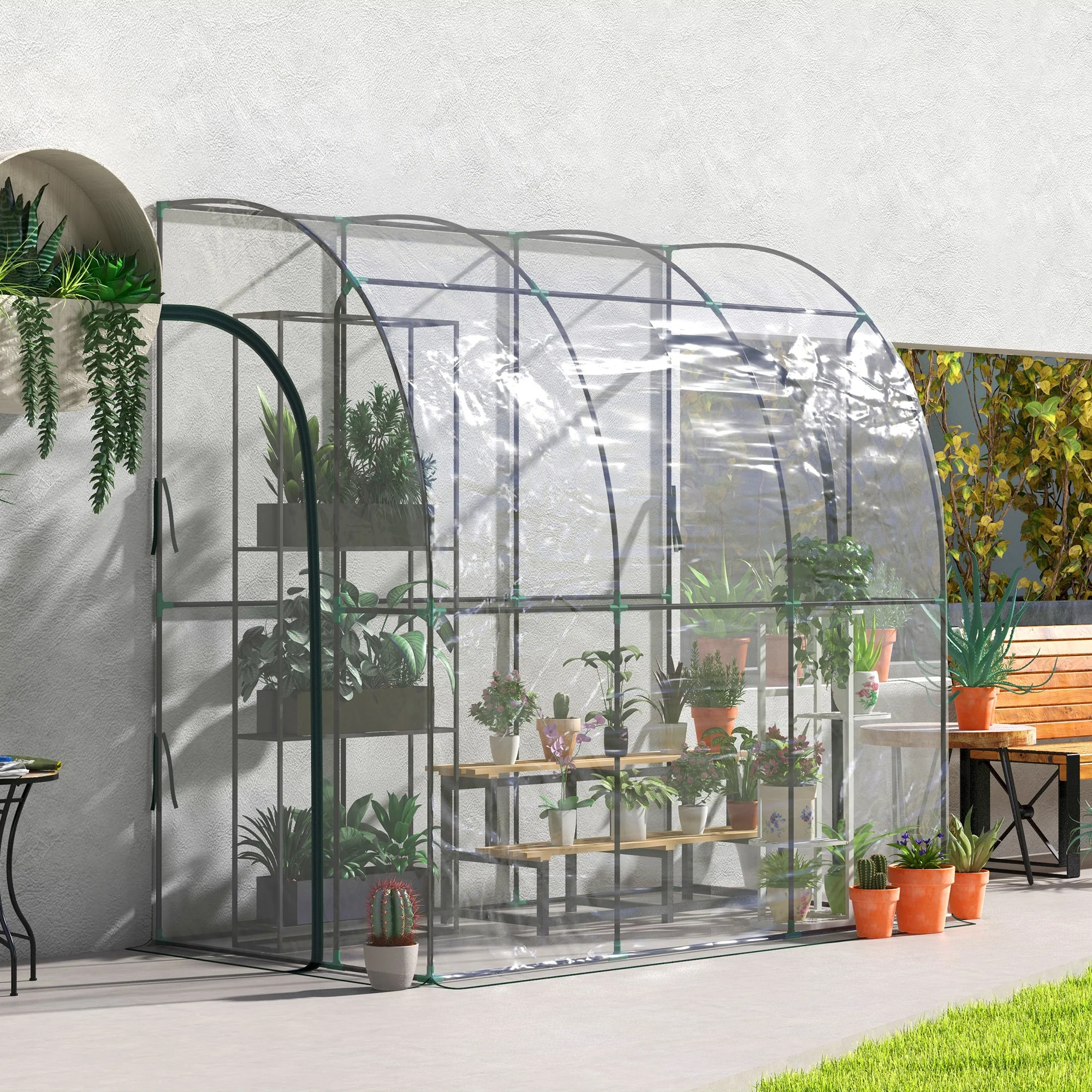 Small Walk-in Greenhouse with Sloping Tops & Roll-up Zipped Door, 214x118x212 cm, White - Image 4