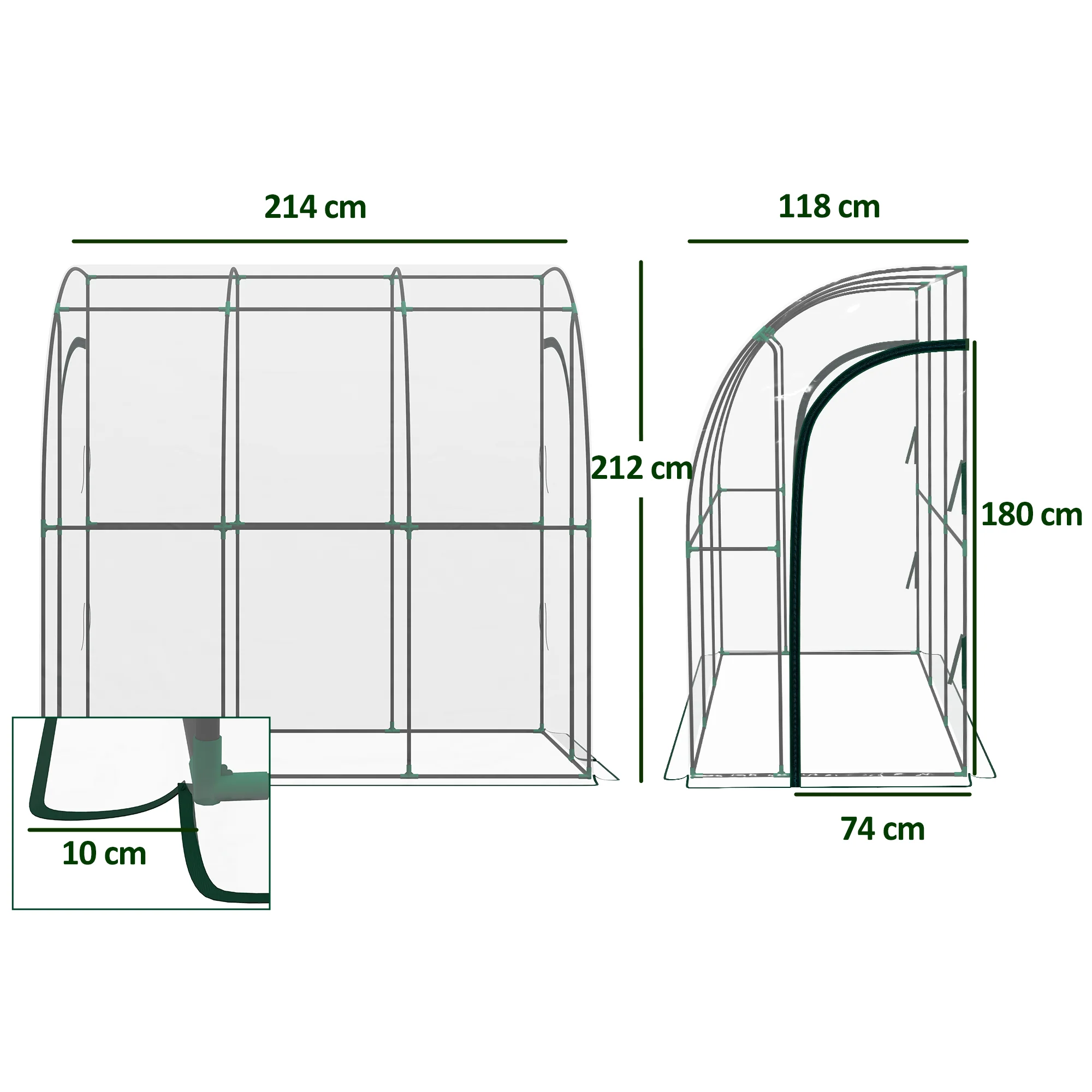 Small Walk-in Greenhouse with Sloping Tops & Roll-up Zipped Door, 214x118x212 cm, White - Image 5