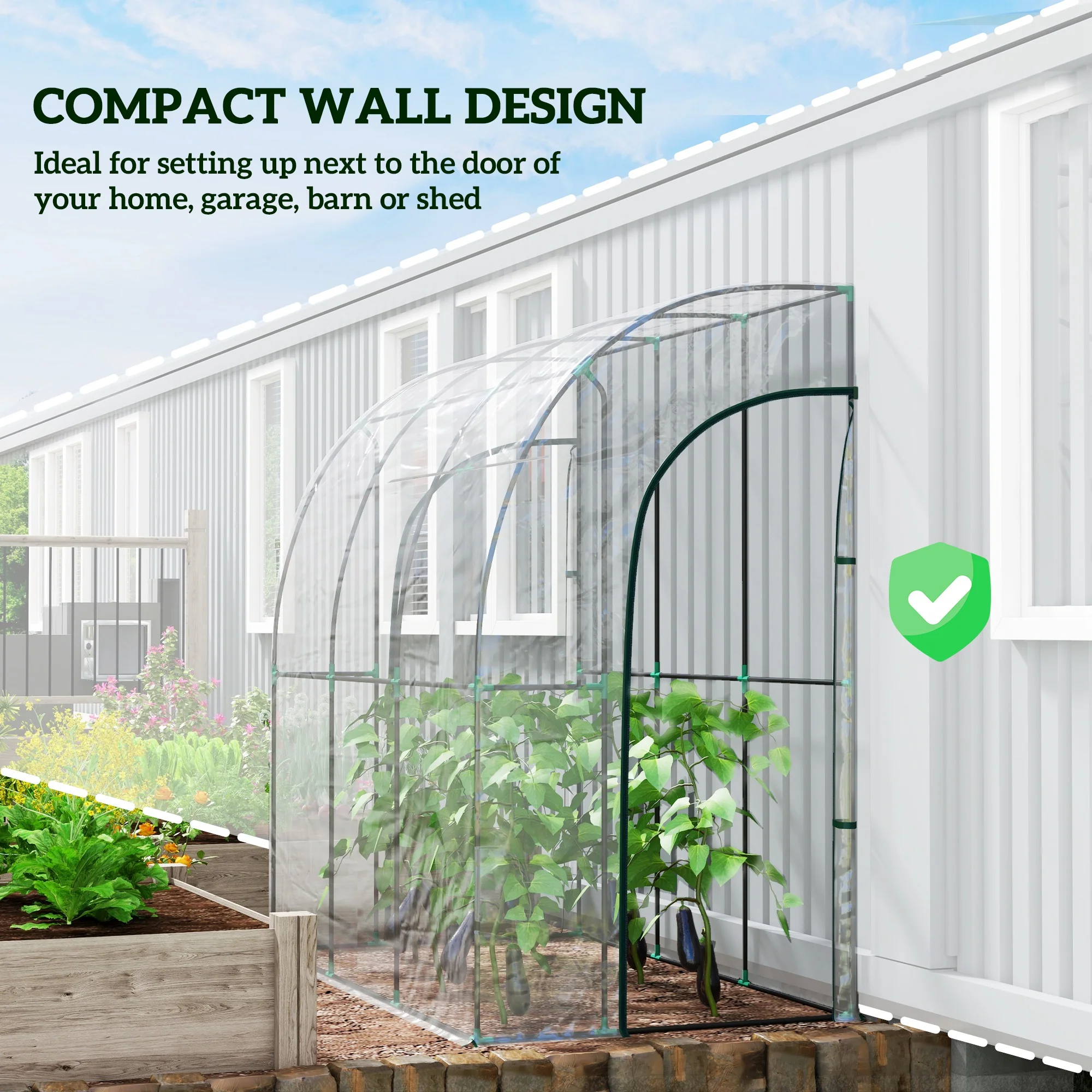 Small Walk-in Greenhouse with Sloping Tops & Roll-up Zipped Door, 214x118x212 cm, White - Image 7