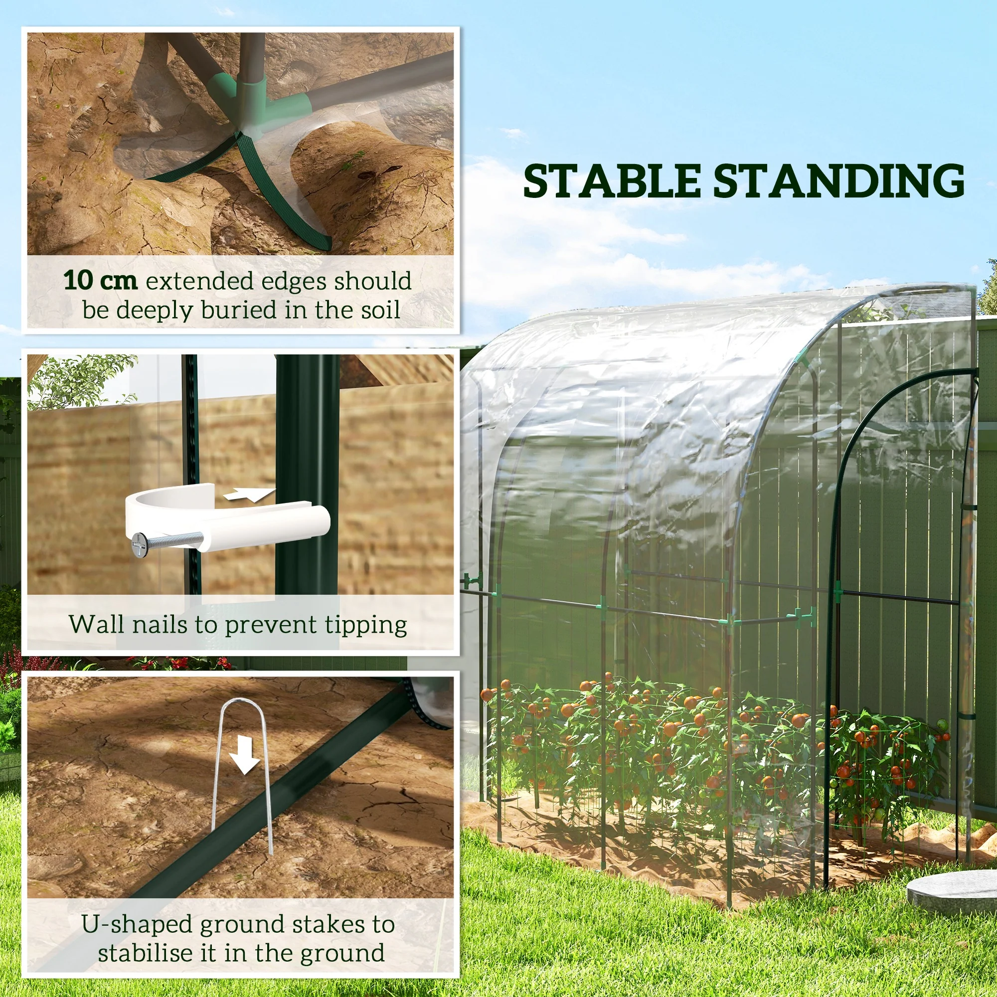 Small Walk-in Greenhouse with Sloping Tops & Roll-up Zipped Door, 214x118x212 cm, White - Image 9