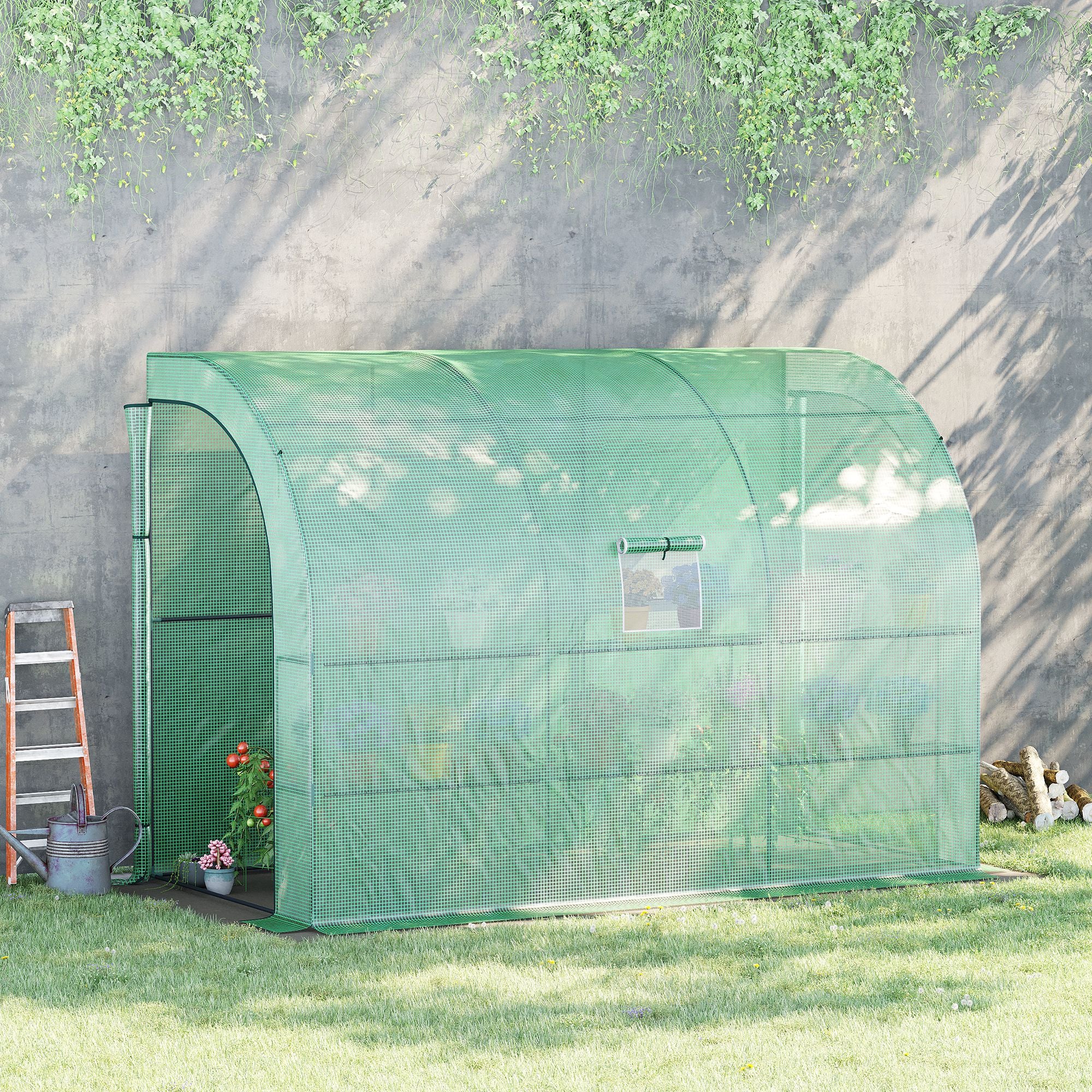Lean to Wall Greenhouse with 3 Tiers 6 Wired Shelves & Windows, 300x150x213 cm, Green - Image 3