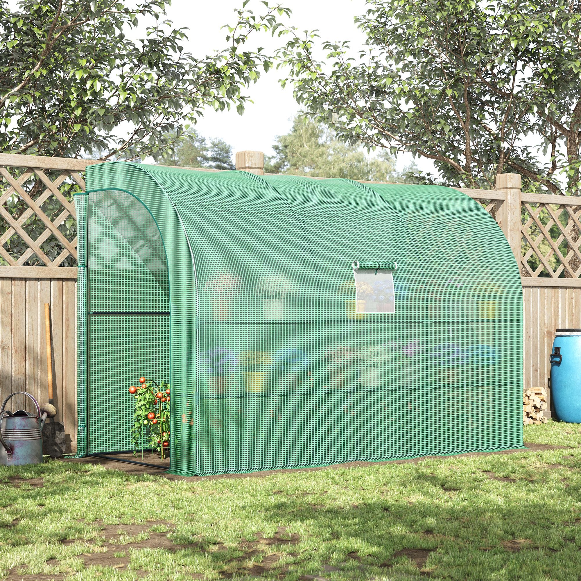 Lean to Wall Greenhouse with 3 Tiers 6 Wired Shelves & Windows, 300x150x213 cm, Green - Image 4