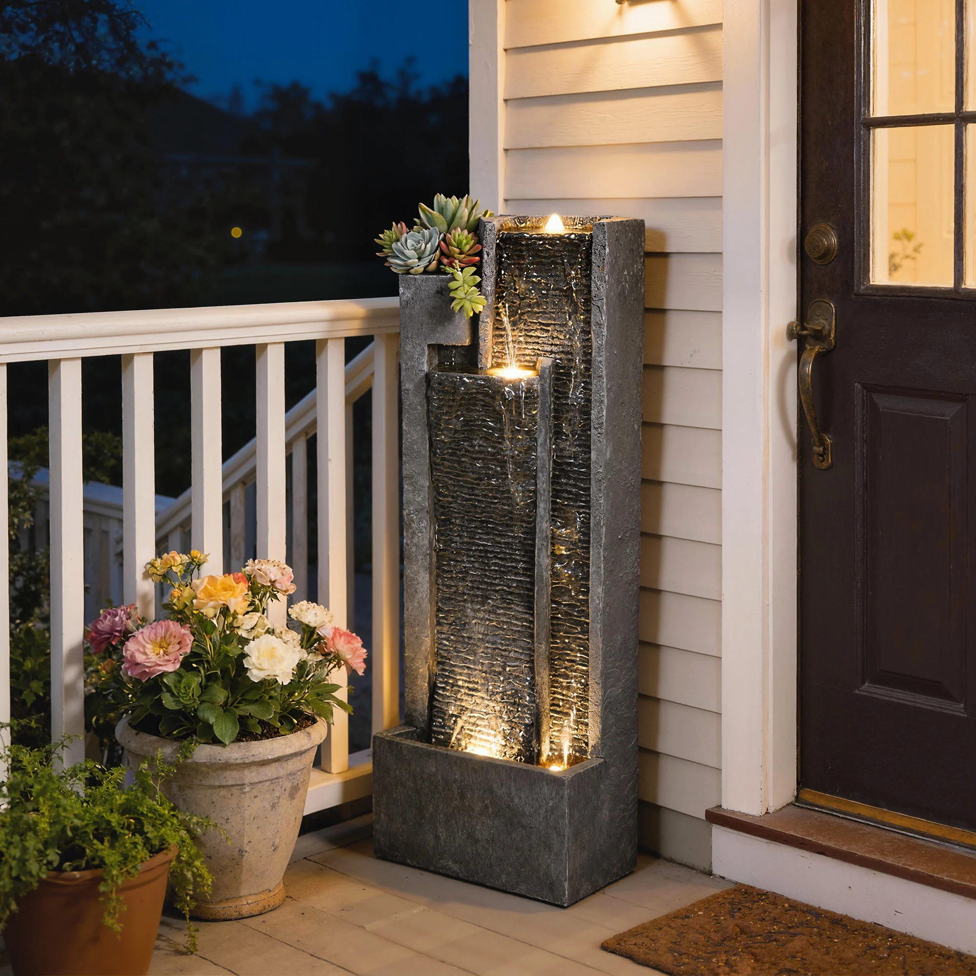 3-Tier Water Feature with LED Lights, Planter and Pump, Dark Grey - Image 11