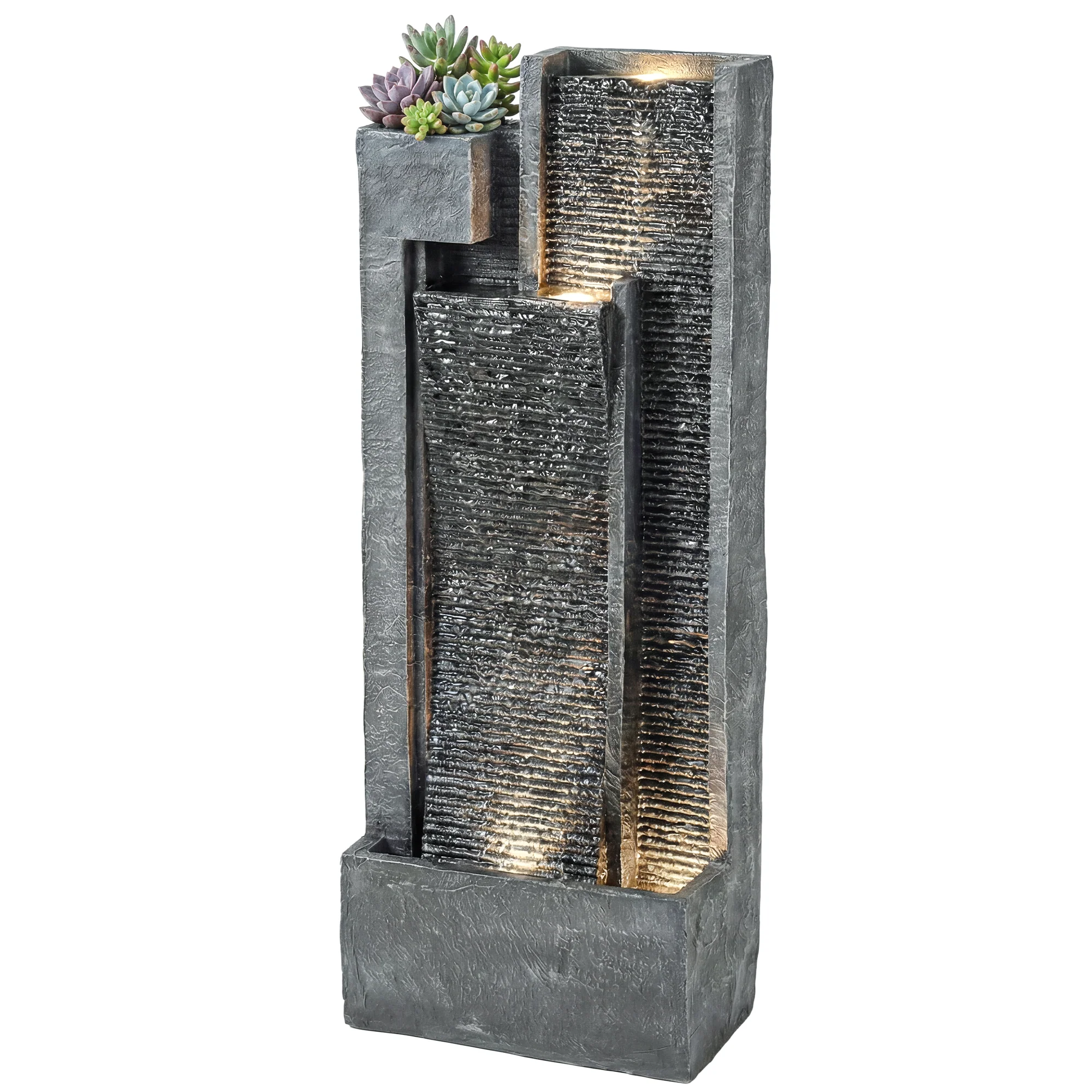 3-Tier Water Feature with LED Lights, Planter and Pump, Dark Grey - Image 2