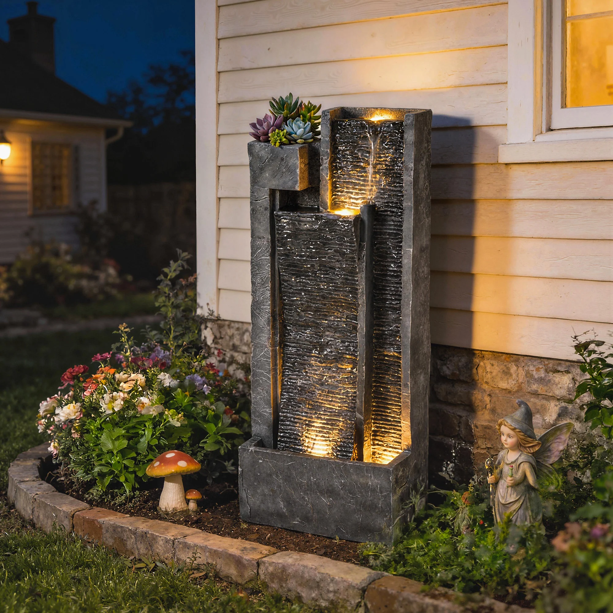 3-Tier Water Feature with LED Lights, Planter and Pump, Dark Grey - Image 3