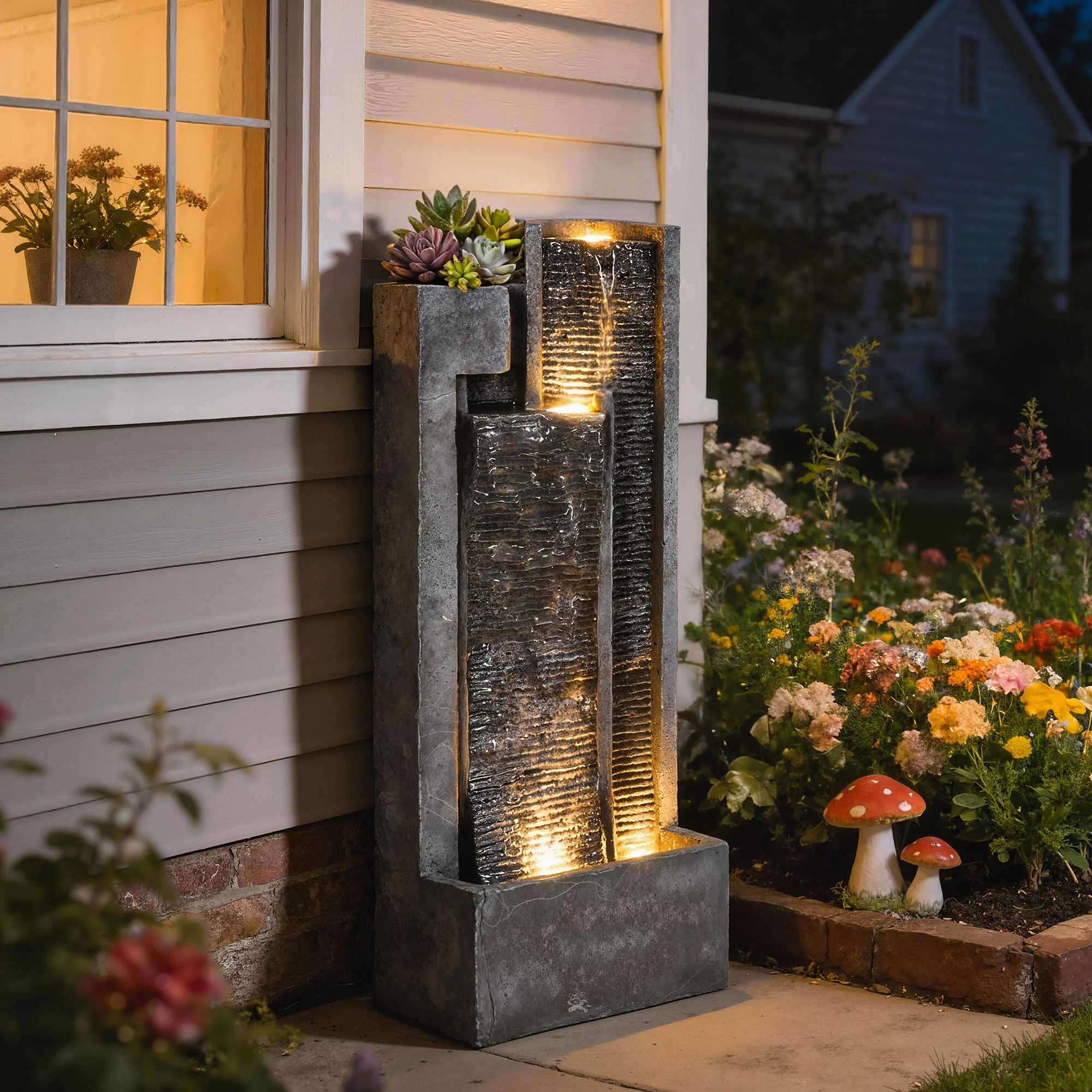 3-Tier Water Feature with LED Lights, Planter and Pump, Dark Grey - Image 4
