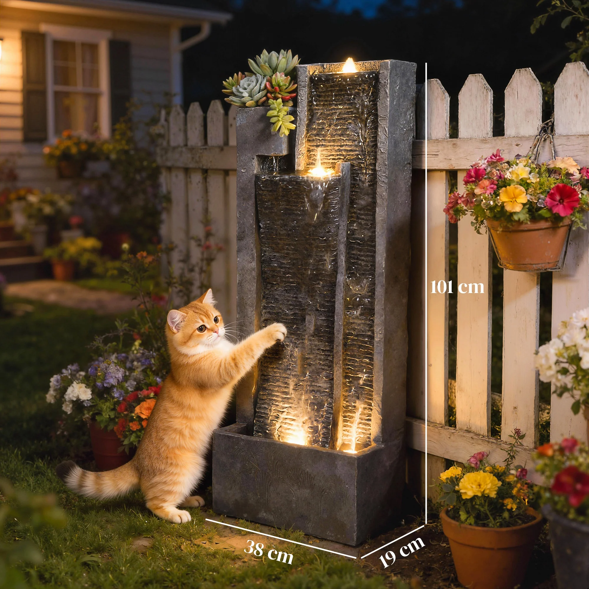 3-Tier Water Feature with LED Lights, Planter and Pump, Dark Grey - Image 5