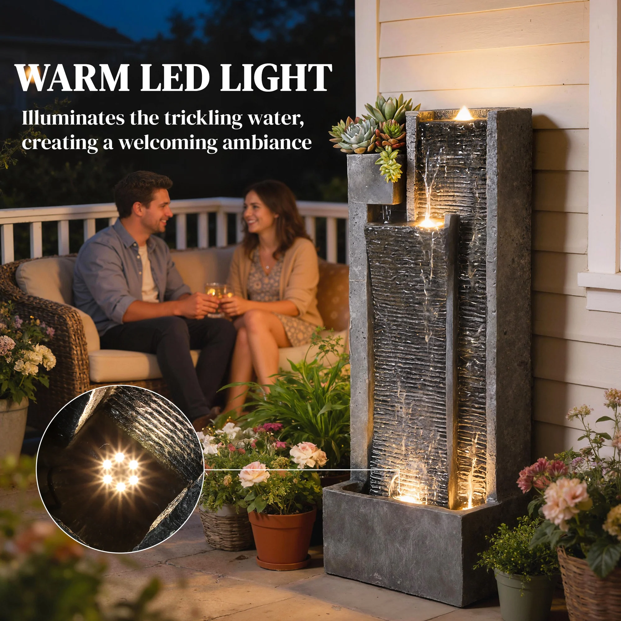 3-Tier Water Feature with LED Lights, Planter and Pump, Dark Grey - Image 7