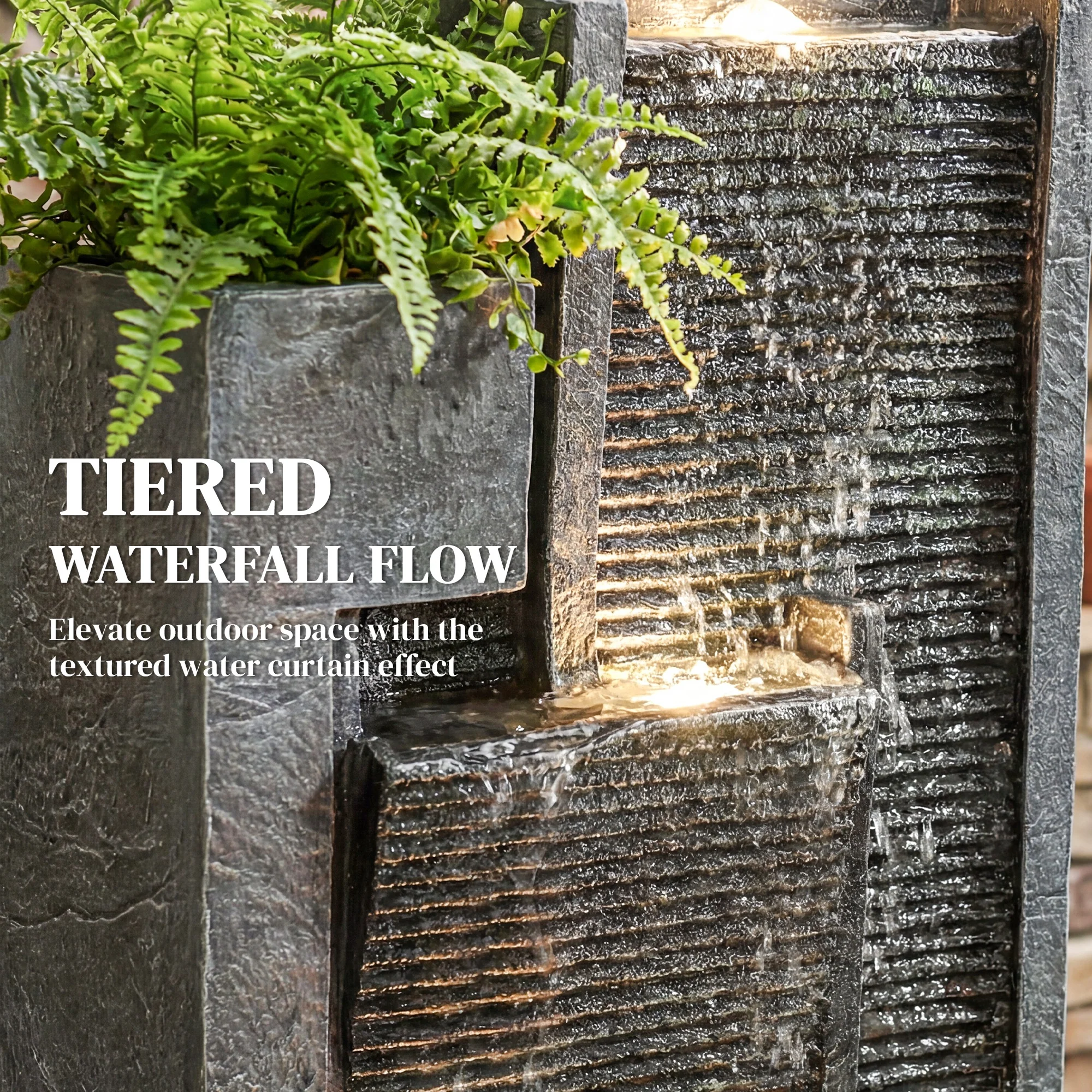 3-Tier Water Feature with LED Lights, Planter and Pump, Dark Grey - Image 8