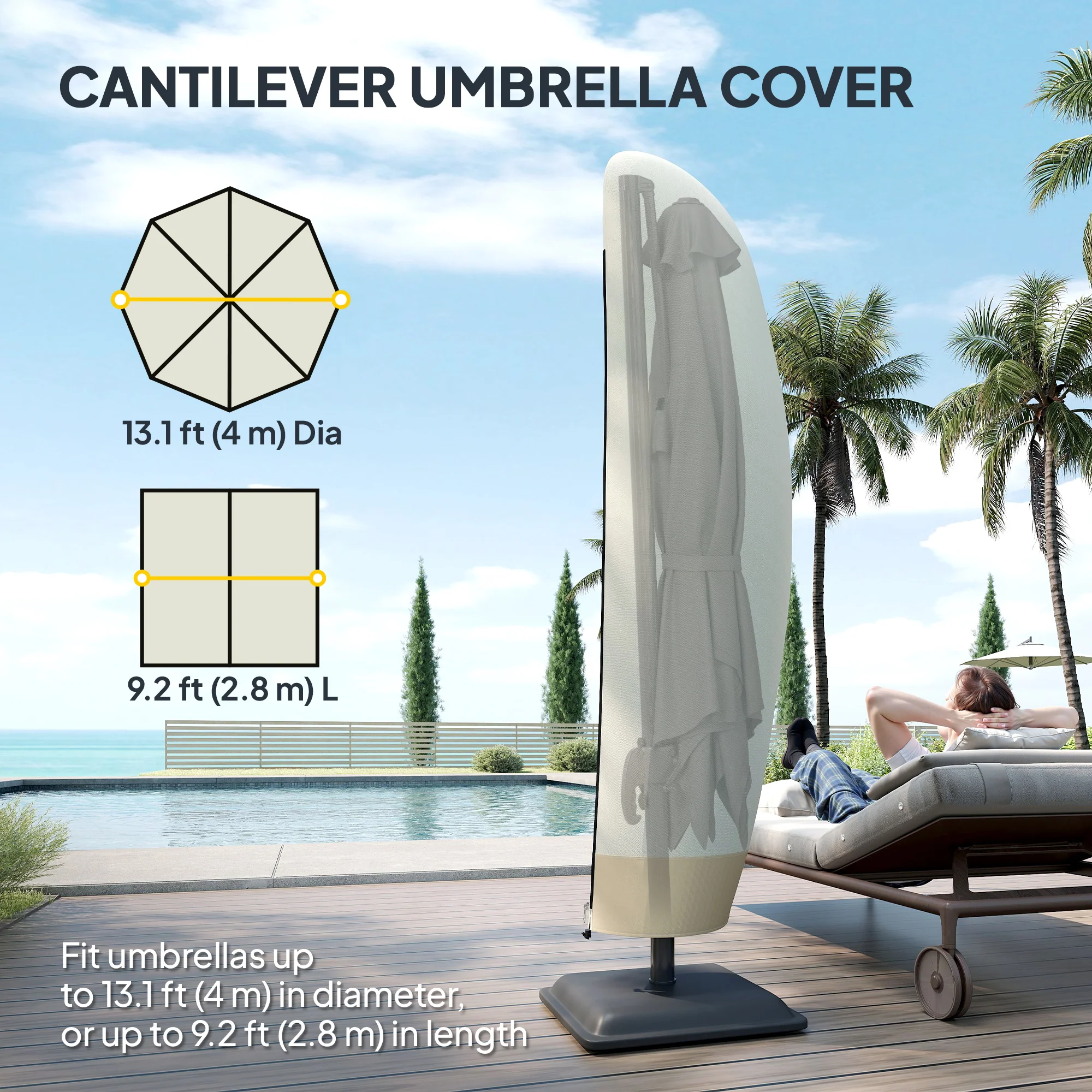 Waterproof Cover with Zipper for 10'-13' Offset Umbrella, Beige - Image 6