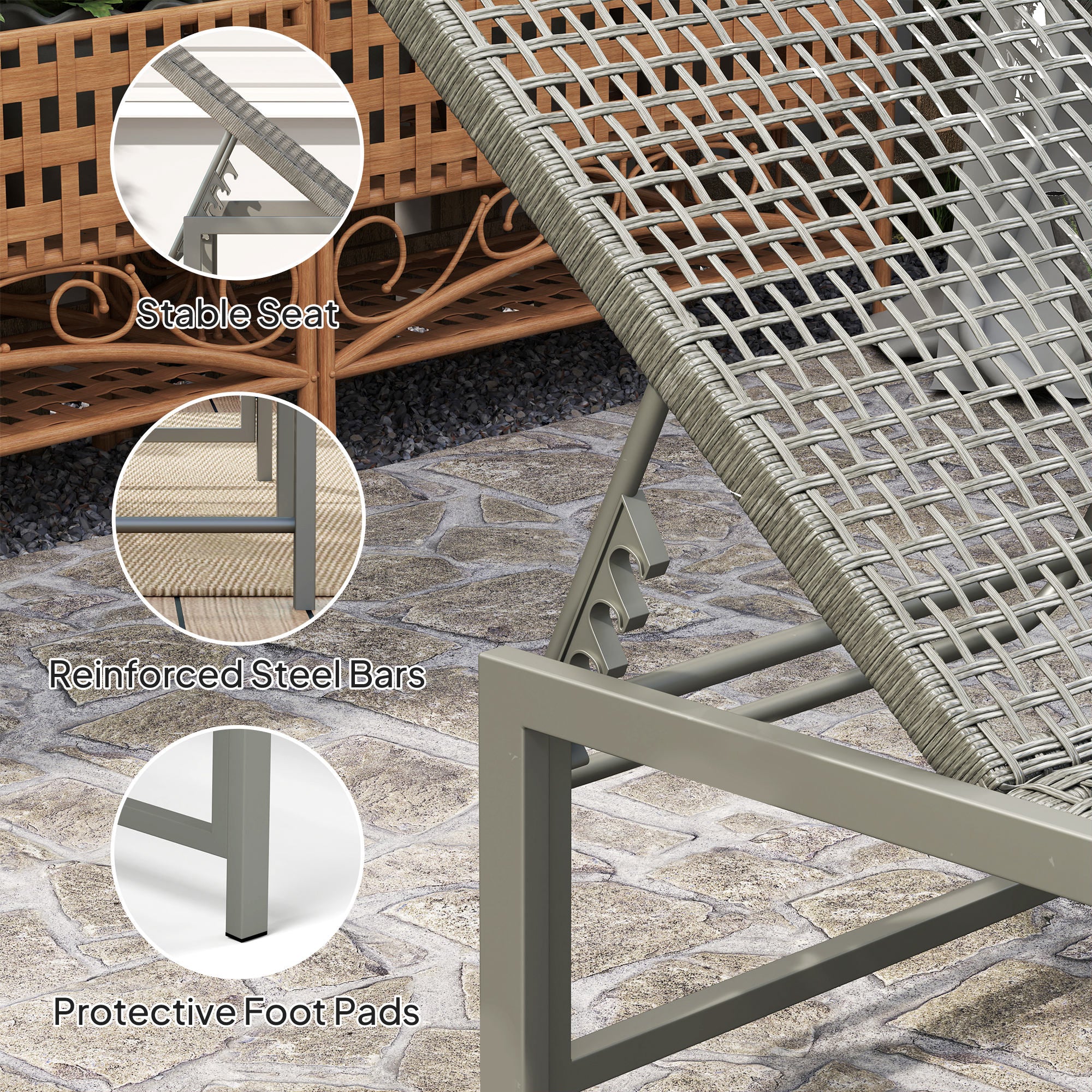 Outdoor PE Rattan Tanning Chair w/ 5-Level Adjustable Back, Wheels & Cushion, Light Grey - Image 9