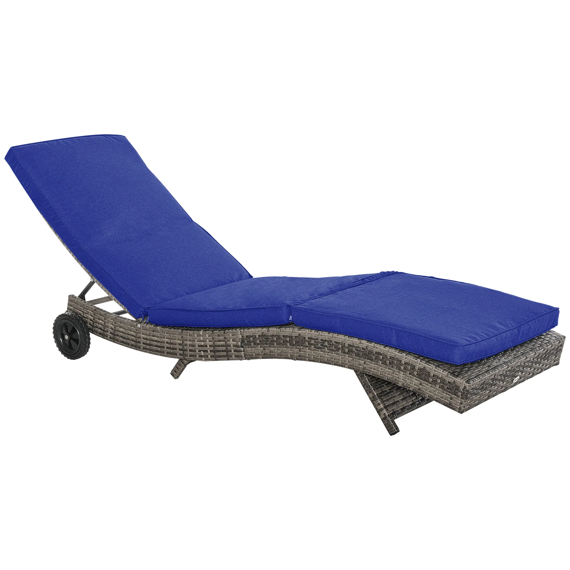Outdoor Patio Adjustable Wicker Chaise Lounge Chair with Cushion & Wheels, Dark Blue