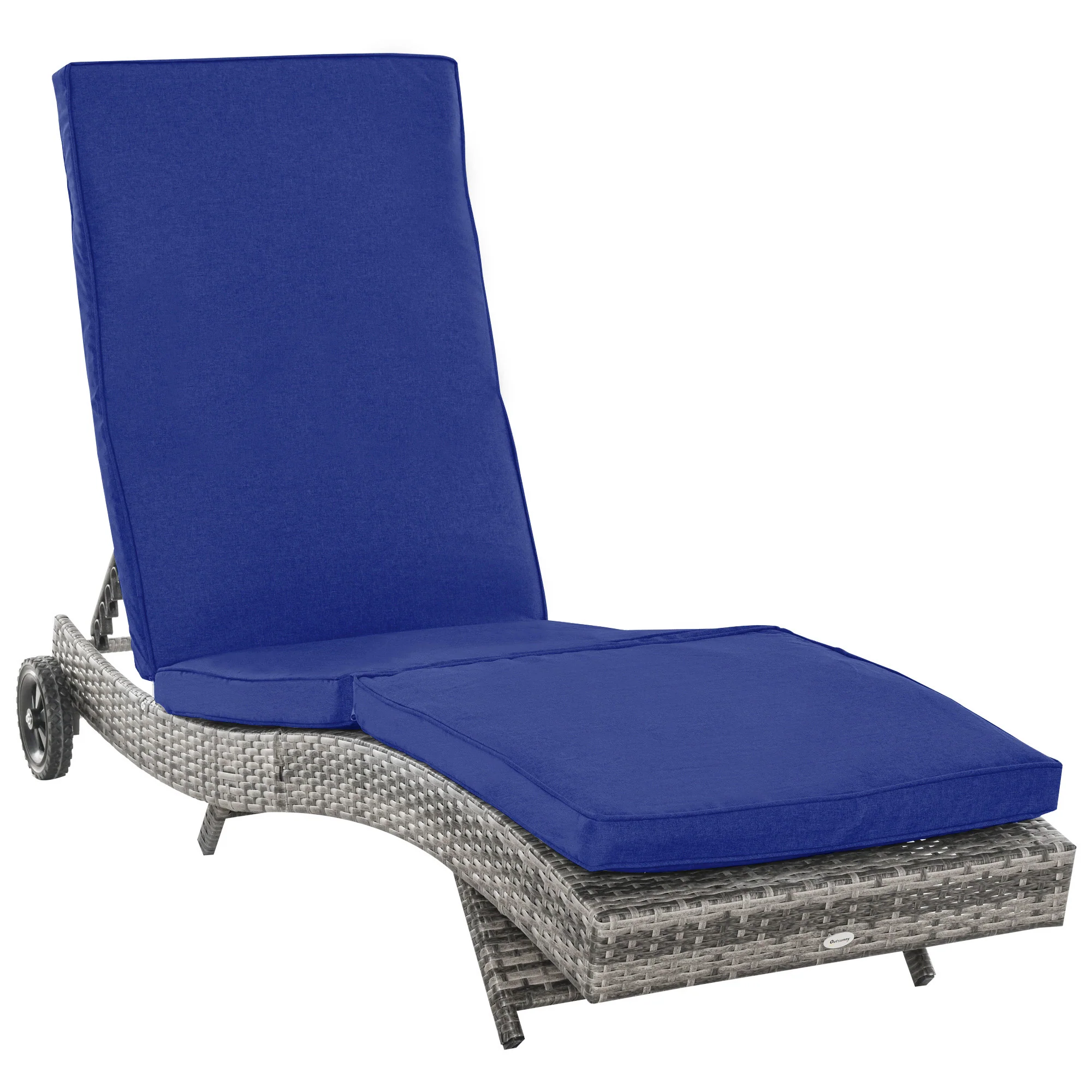 Outdoor Patio Adjustable Wicker Chaise Lounge Chair with Cushion & Wheels, Dark Blue - Image 2