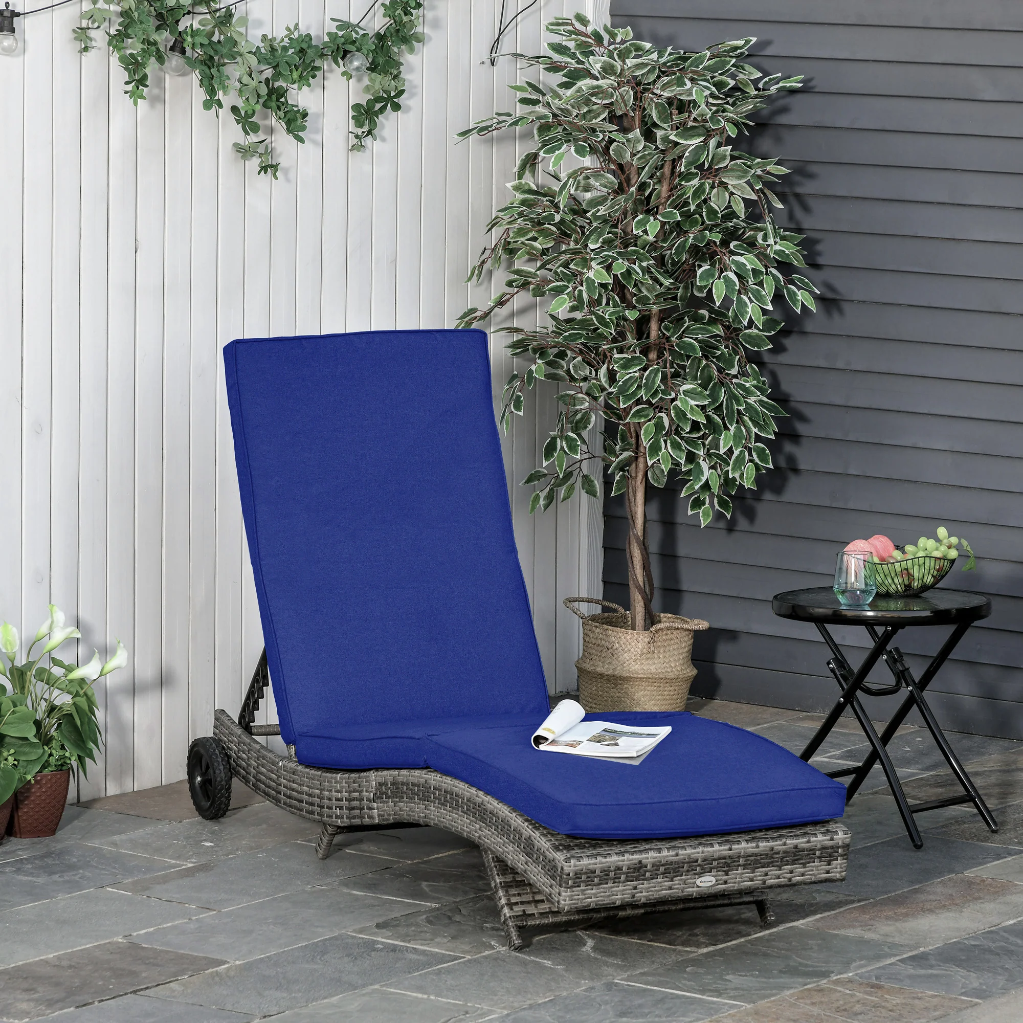 Outdoor Patio Adjustable Wicker Chaise Lounge Chair with Cushion & Wheels, Dark Blue - Image 3