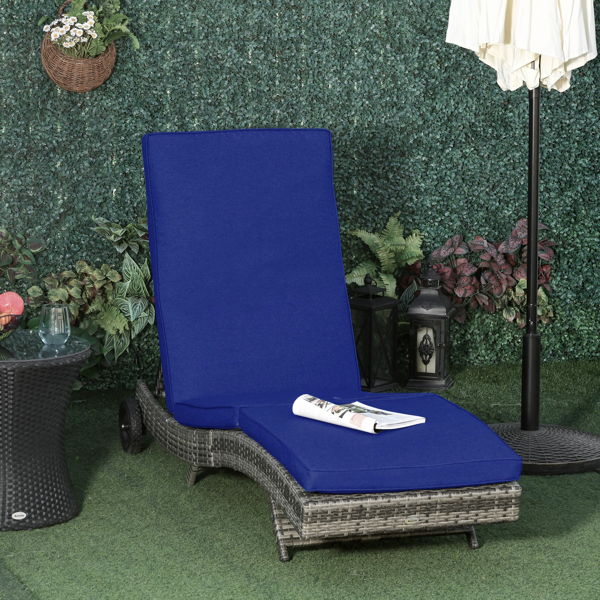 Outdoor Patio Adjustable Wicker Chaise Lounge Chair with Cushion & Wheels, Dark Blue - Image 4