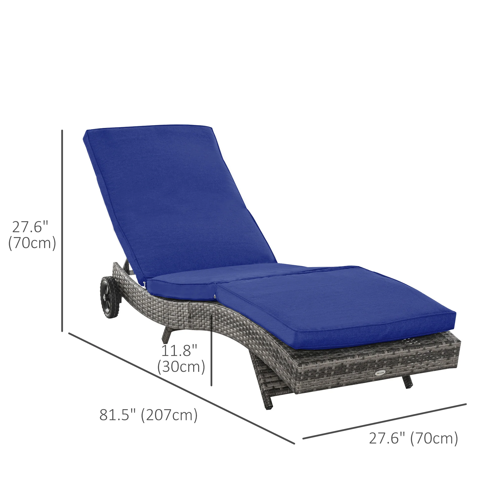 Outdoor Patio Adjustable Wicker Chaise Lounge Chair with Cushion & Wheels, Dark Blue - Image 5