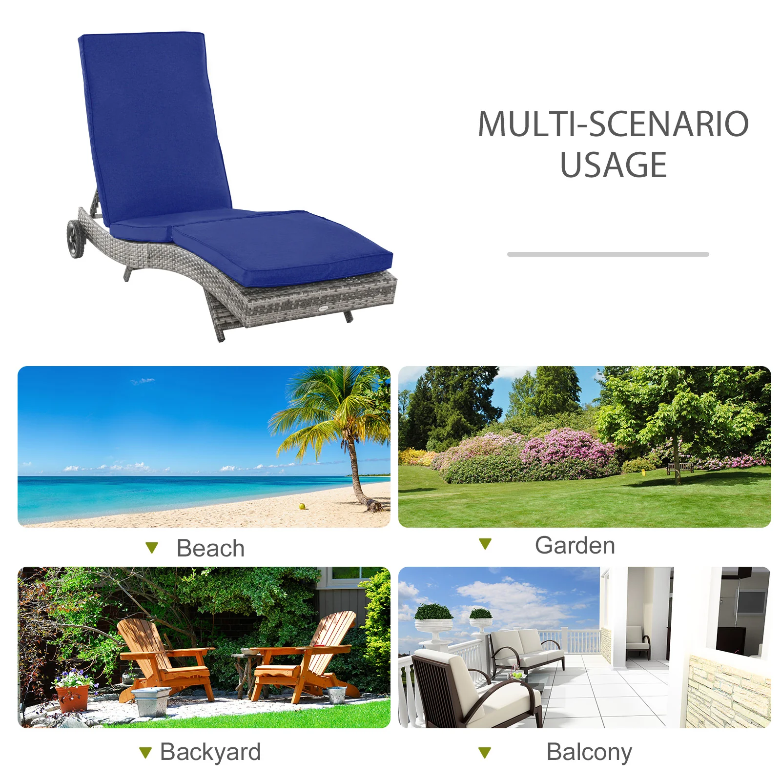 Outdoor Patio Adjustable Wicker Chaise Lounge Chair with Cushion & Wheels, Dark Blue - Image 6