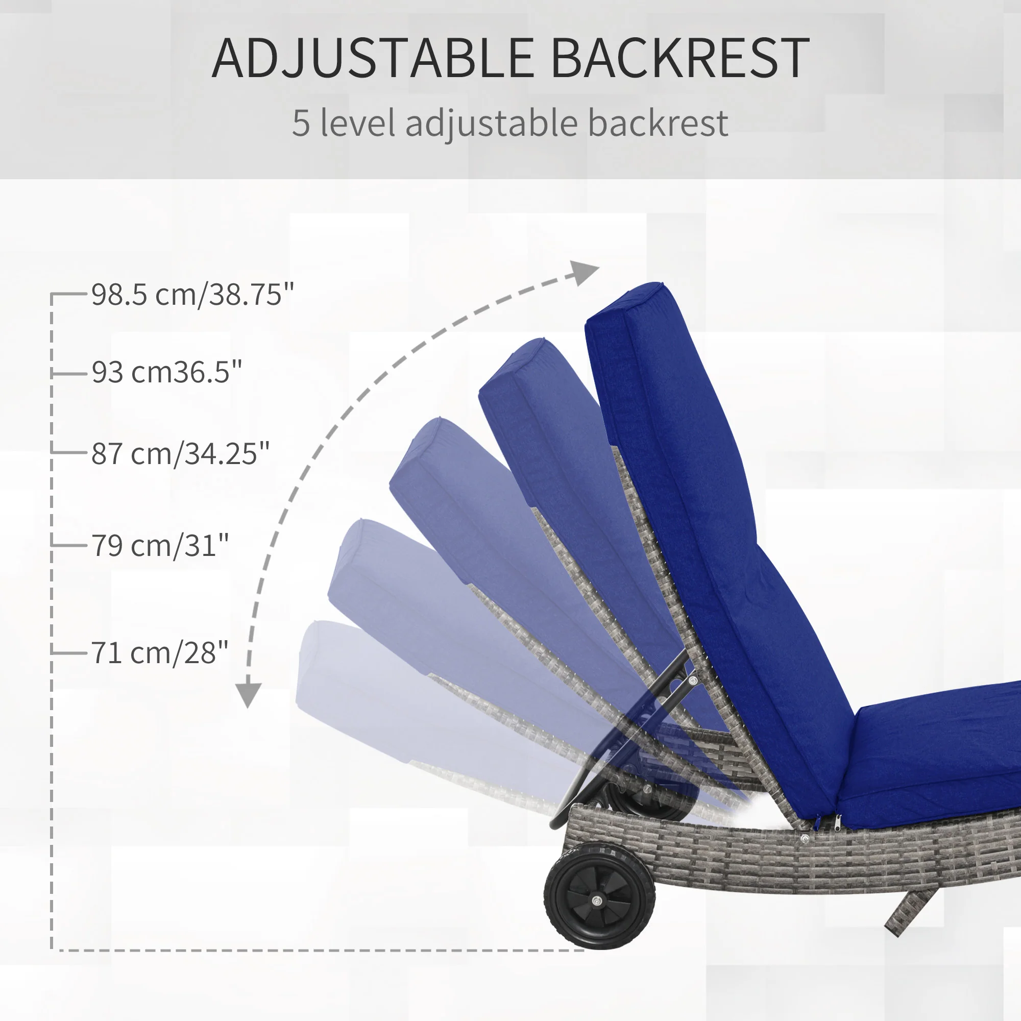 Outdoor Patio Adjustable Wicker Chaise Lounge Chair with Cushion & Wheels, Dark Blue - Image 7