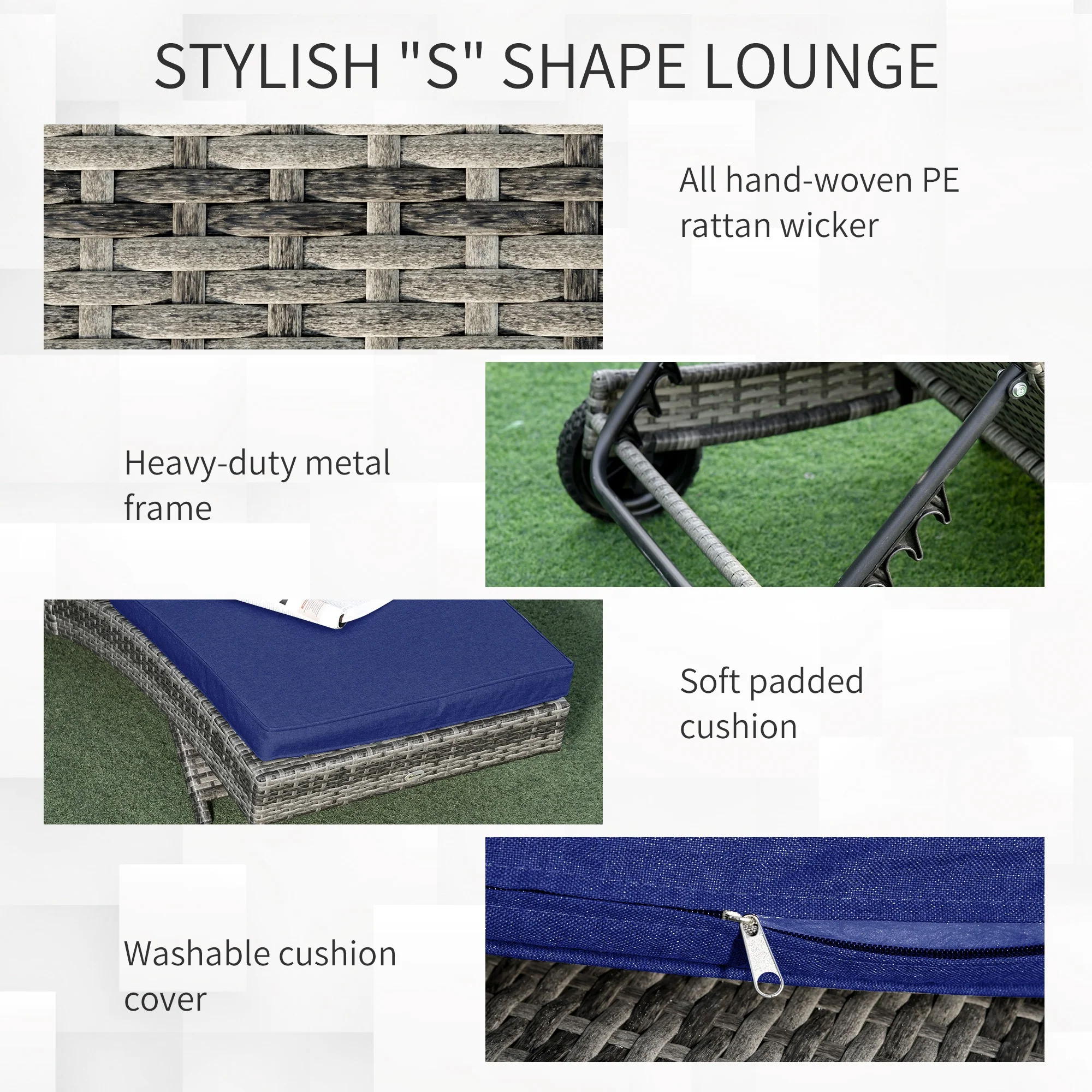 Outdoor Patio Adjustable Wicker Chaise Lounge Chair with Cushion & Wheels, Dark Blue - Image 8