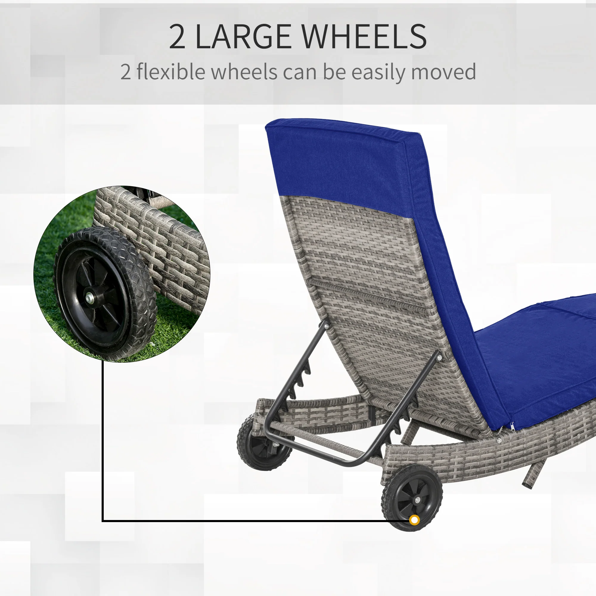 Outdoor Patio Adjustable Wicker Chaise Lounge Chair with Cushion & Wheels, Dark Blue - Image 9