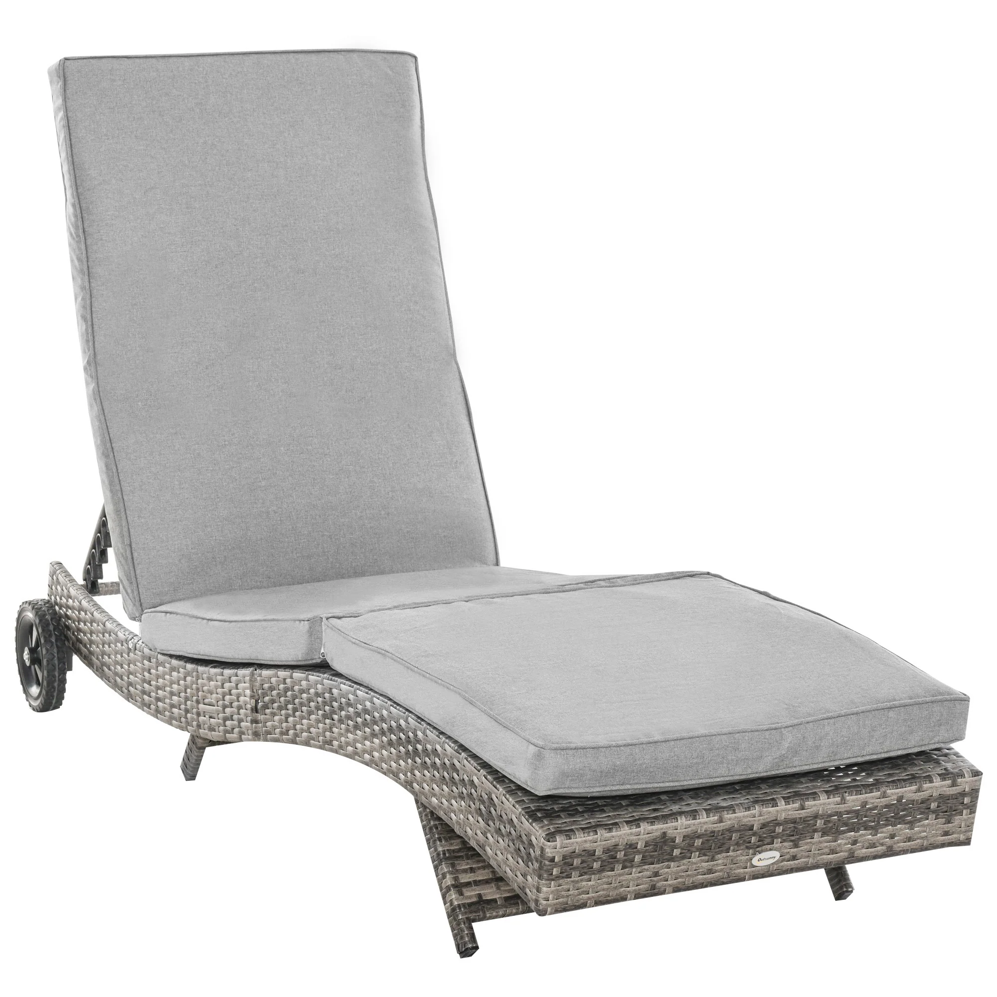 Outdoor Patio Adjustable Wicker Chaise Lounge Chair with Cushion & Wheels, Grey - Image 12