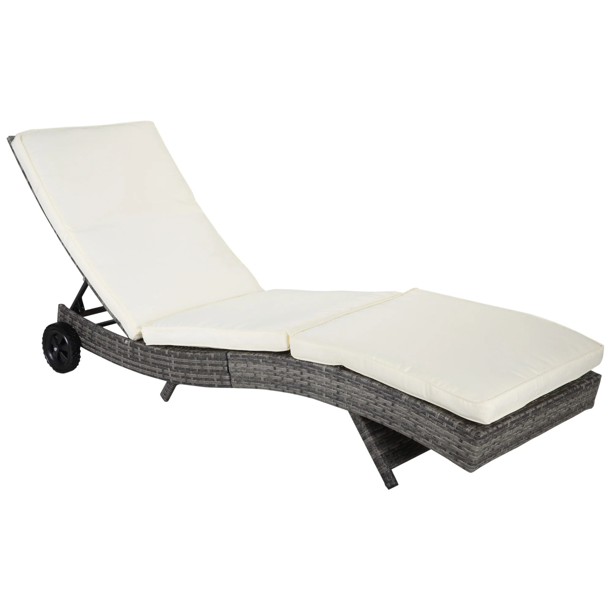 Outdoor Patio Adjustable Wicker Chaise Lounge Chair with Cushion & Wheels, Cream White - Image 12