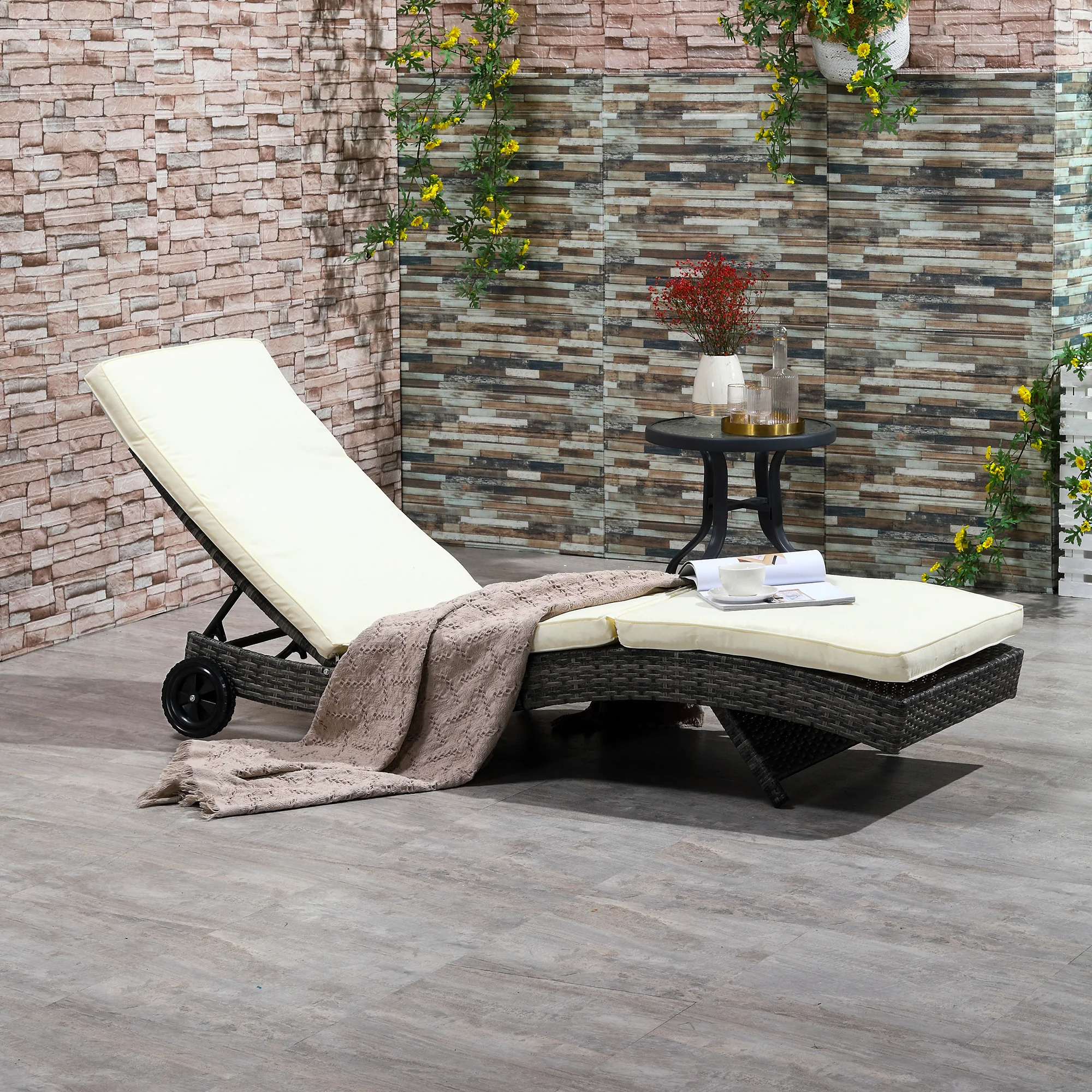 Outdoor Patio Adjustable Wicker Chaise Lounge Chair with Cushion & Wheels, Cream White - Image 3