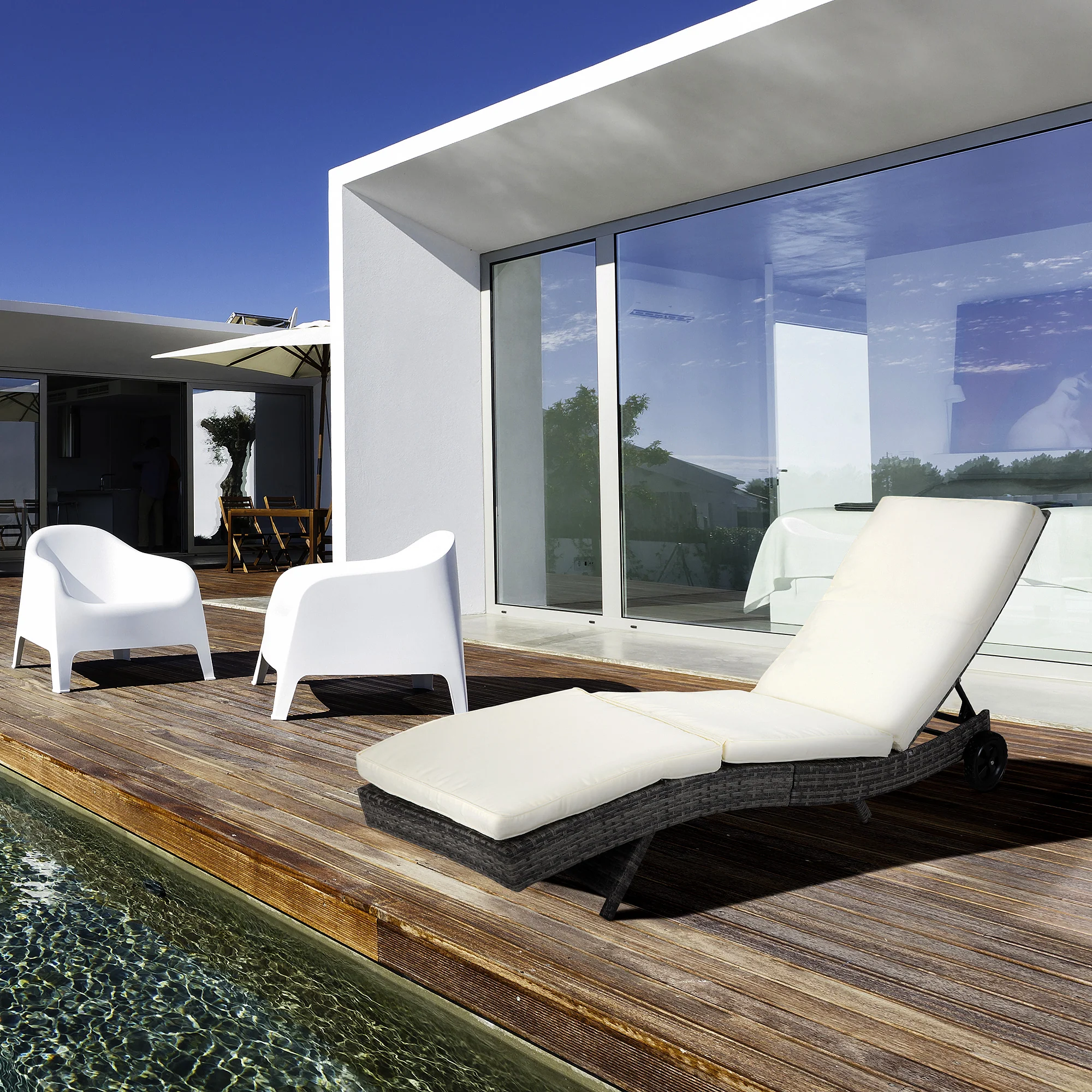 Outdoor Patio Adjustable Wicker Chaise Lounge Chair with Cushion & Wheels, Cream White - Image 4