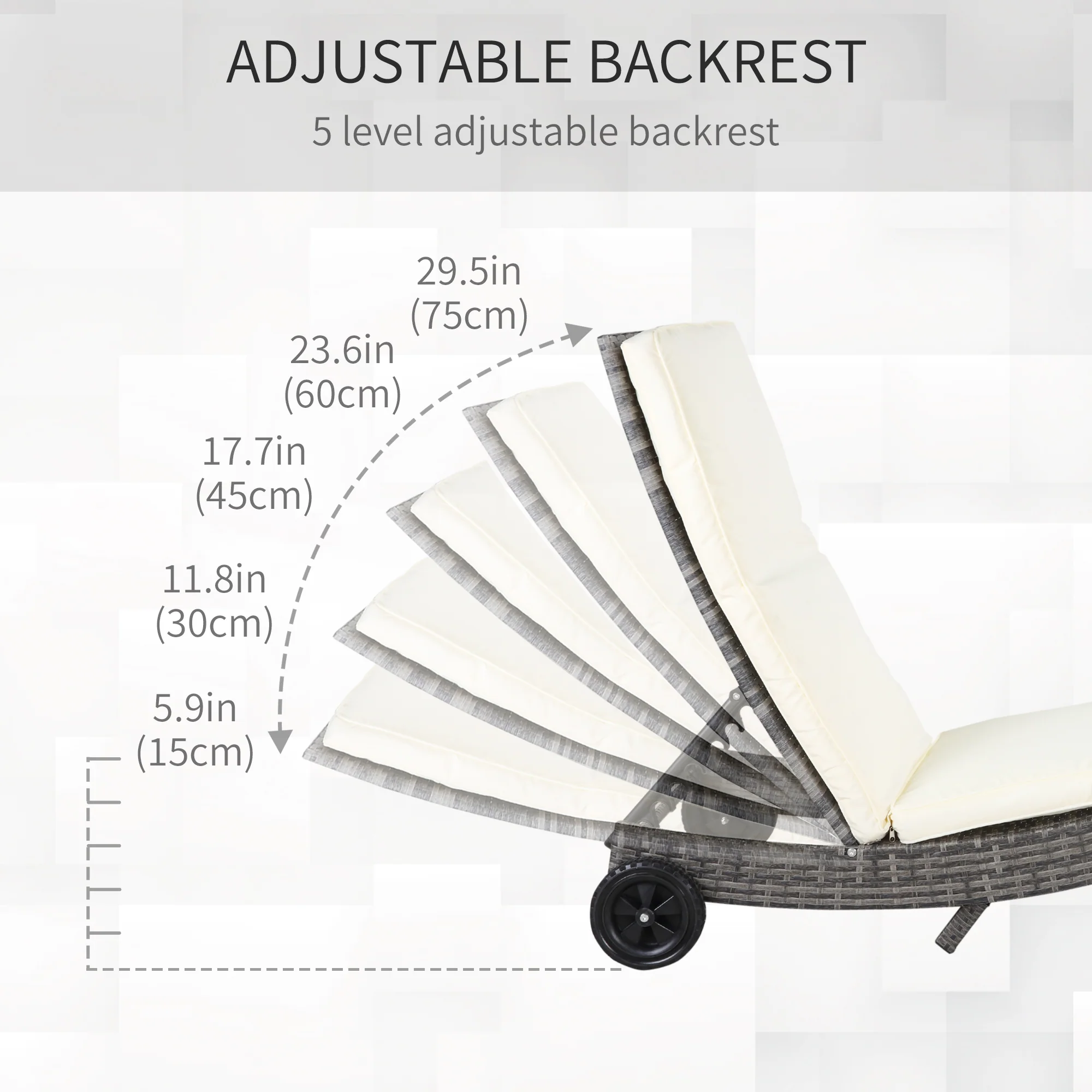 Outdoor Patio Adjustable Wicker Chaise Lounge Chair with Cushion & Wheels, Cream White - Image 7