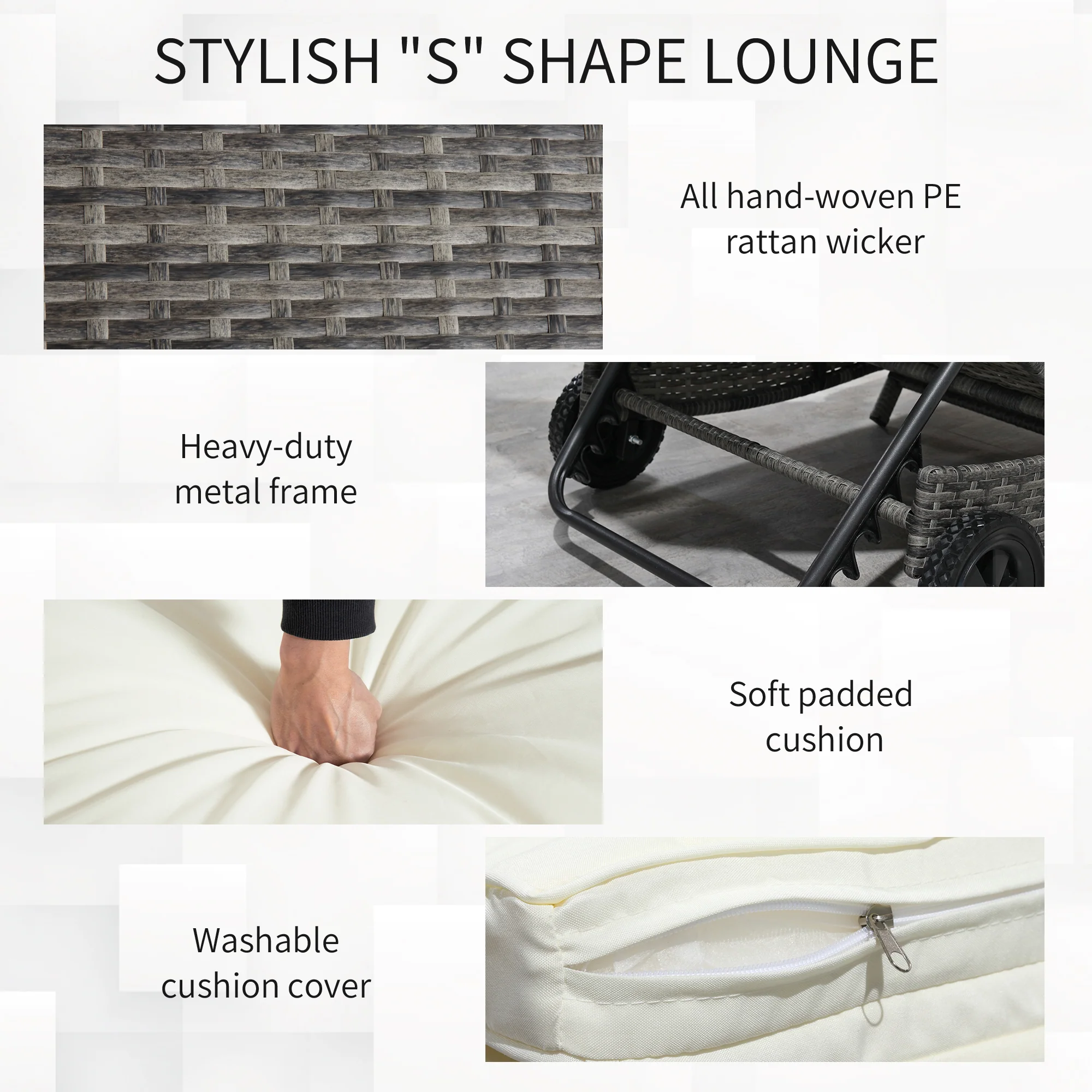 Outdoor Patio Adjustable Wicker Chaise Lounge Chair with Cushion & Wheels, Cream White - Image 8