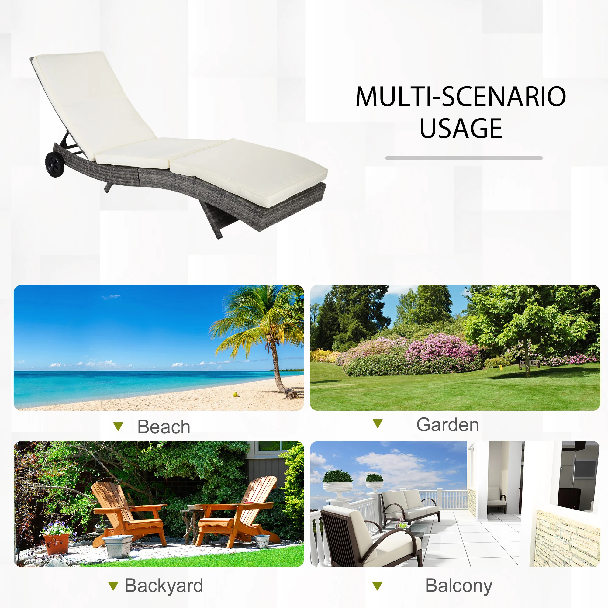 Outdoor Patio Adjustable Wicker Chaise Lounge Chair with Cushion & Wheels, Cream White - Image 9