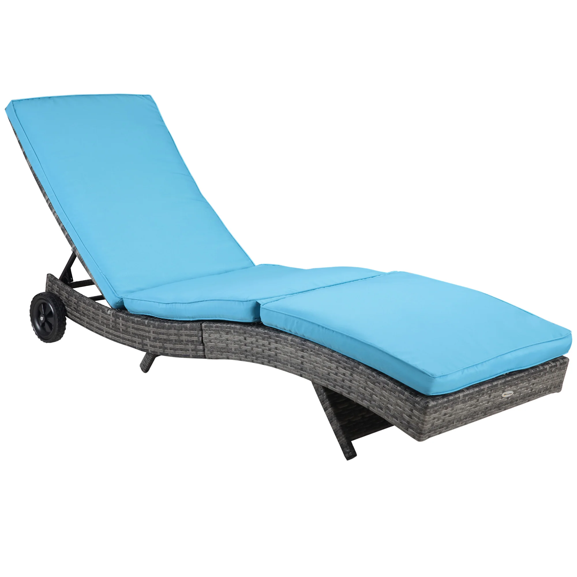 Outdoor Patio Adjustable Wicker Chaise Lounge Chair with Cushion & Wheels, Sky Blue